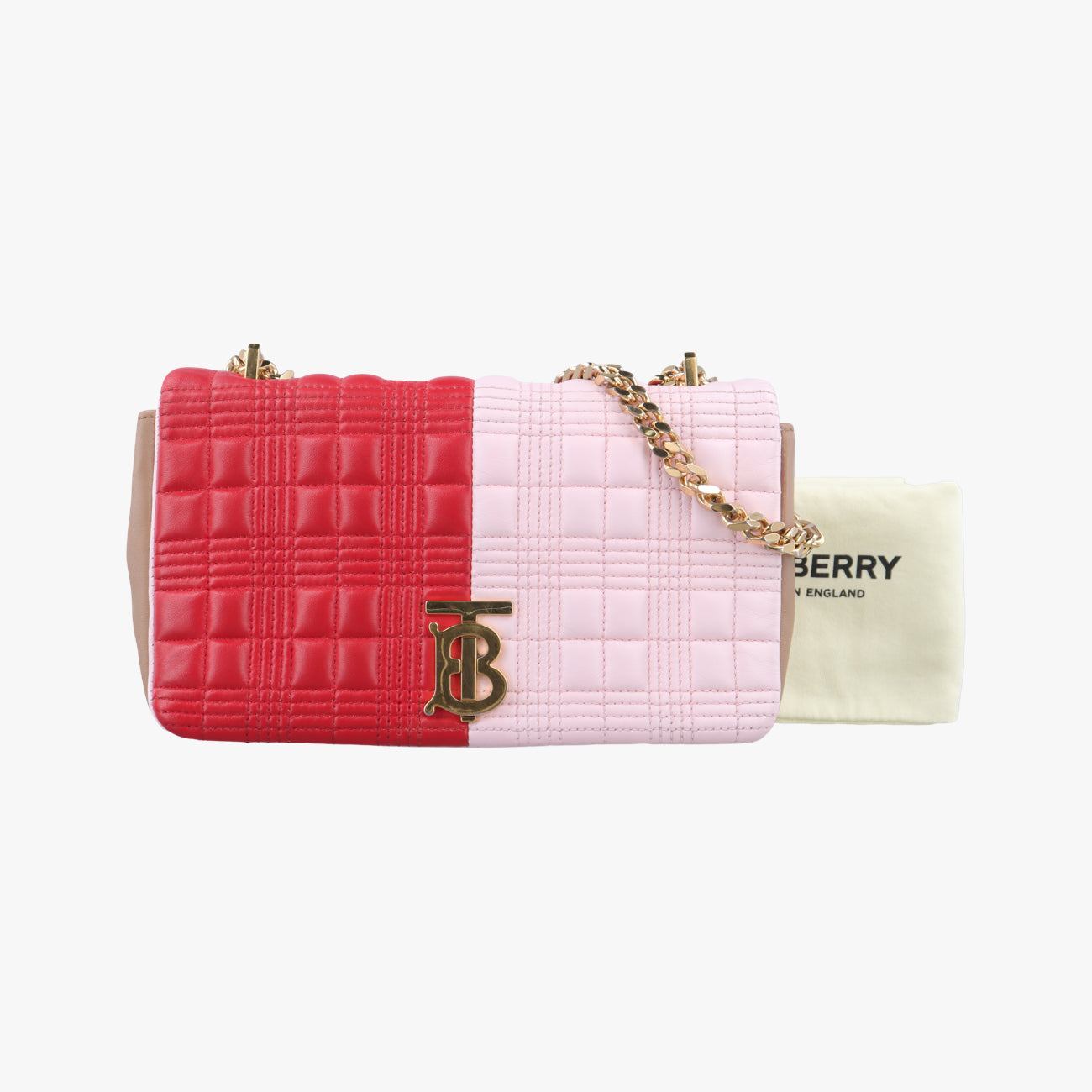 Pre-owned Burberry Lola chain TB RedxPink x Beige Leather  shoulderbag | stylenewstar