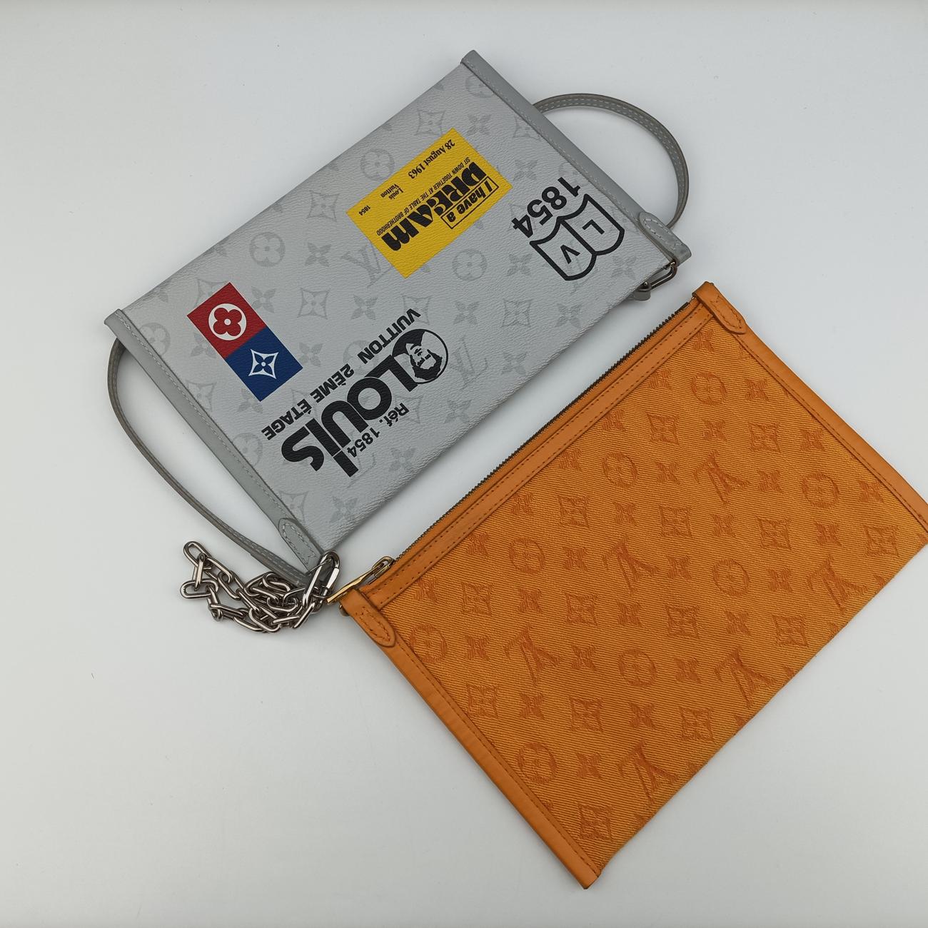 Pre-owned Louis Vuitton Flat Messenger Gray×Orange Monogram canvas x Monogram denim M44640 shoulderbag | stylenewstar
