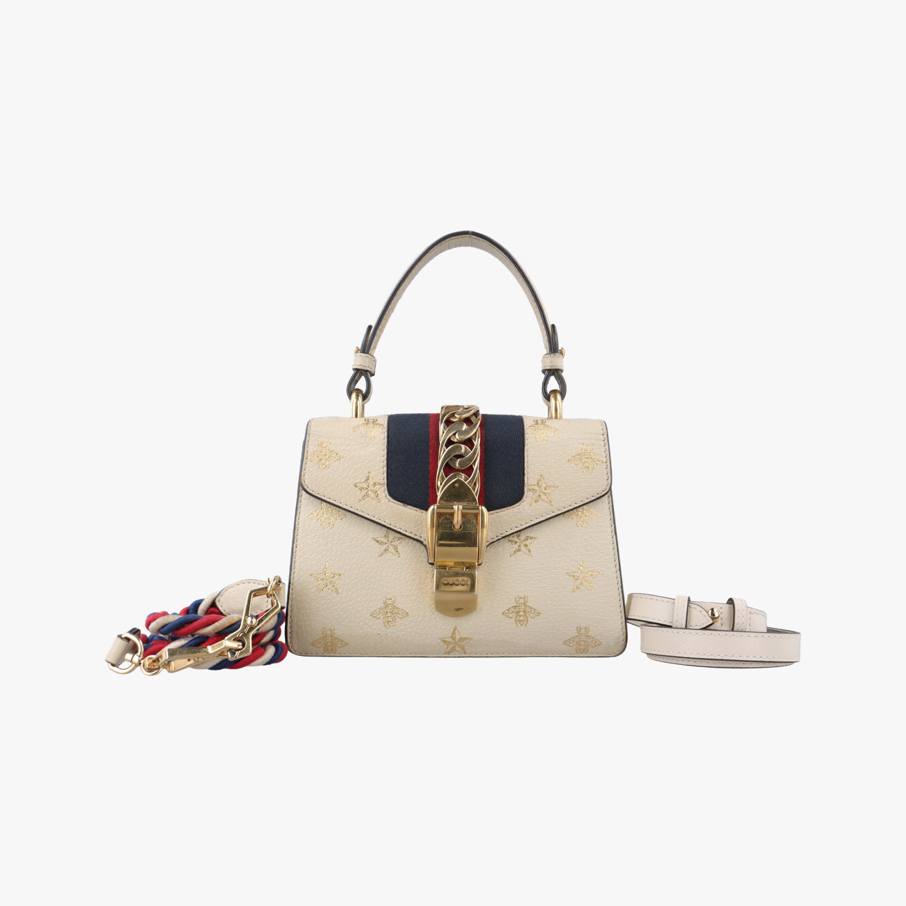 Pre-owned Gucci Sylvie White x Navy x Red Leather 470270 shoulderbag | stylenewstar