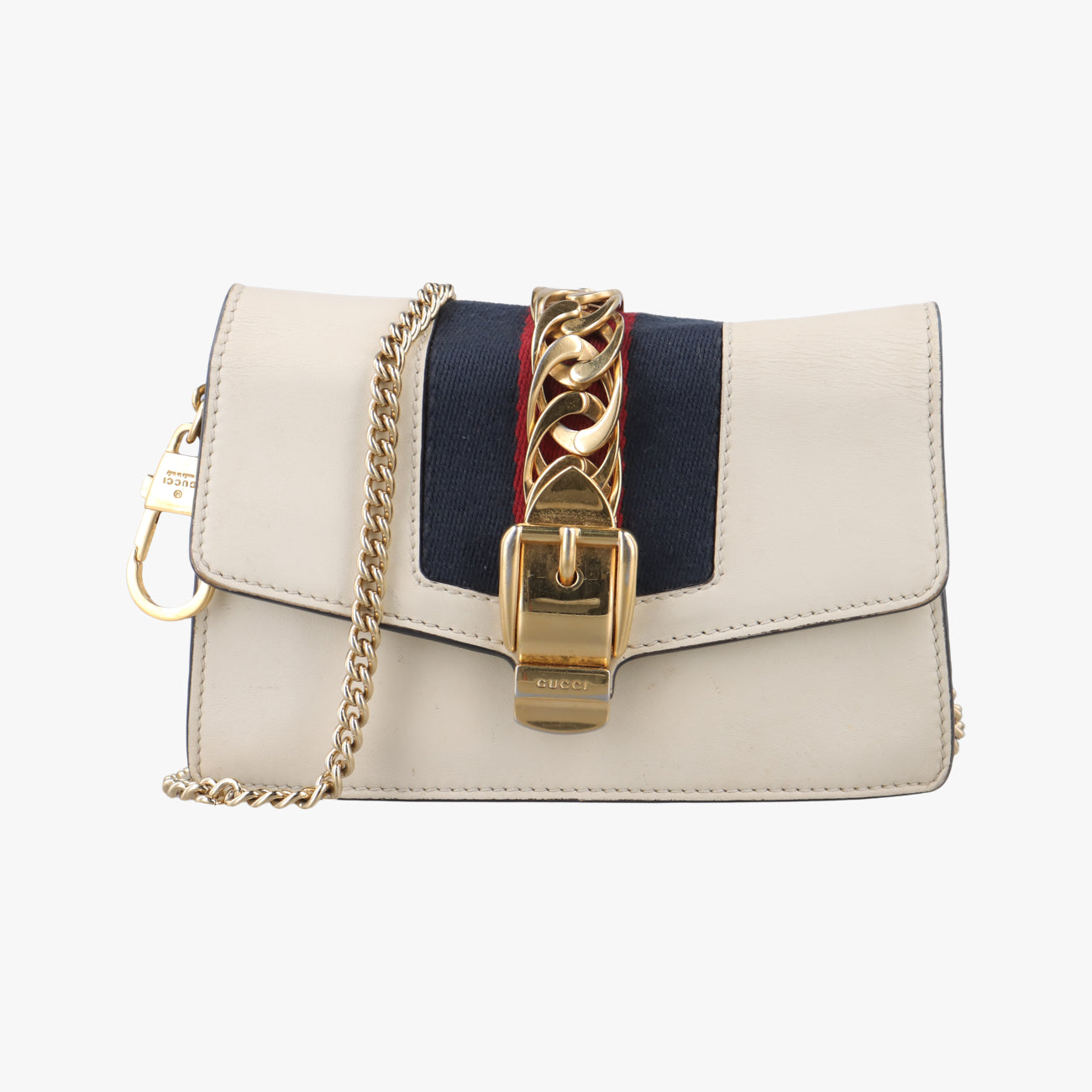 Pre-owned Gucci Sylvie Ivory x Navy x Red Leather 494646 shoulderbag | stylenewstar