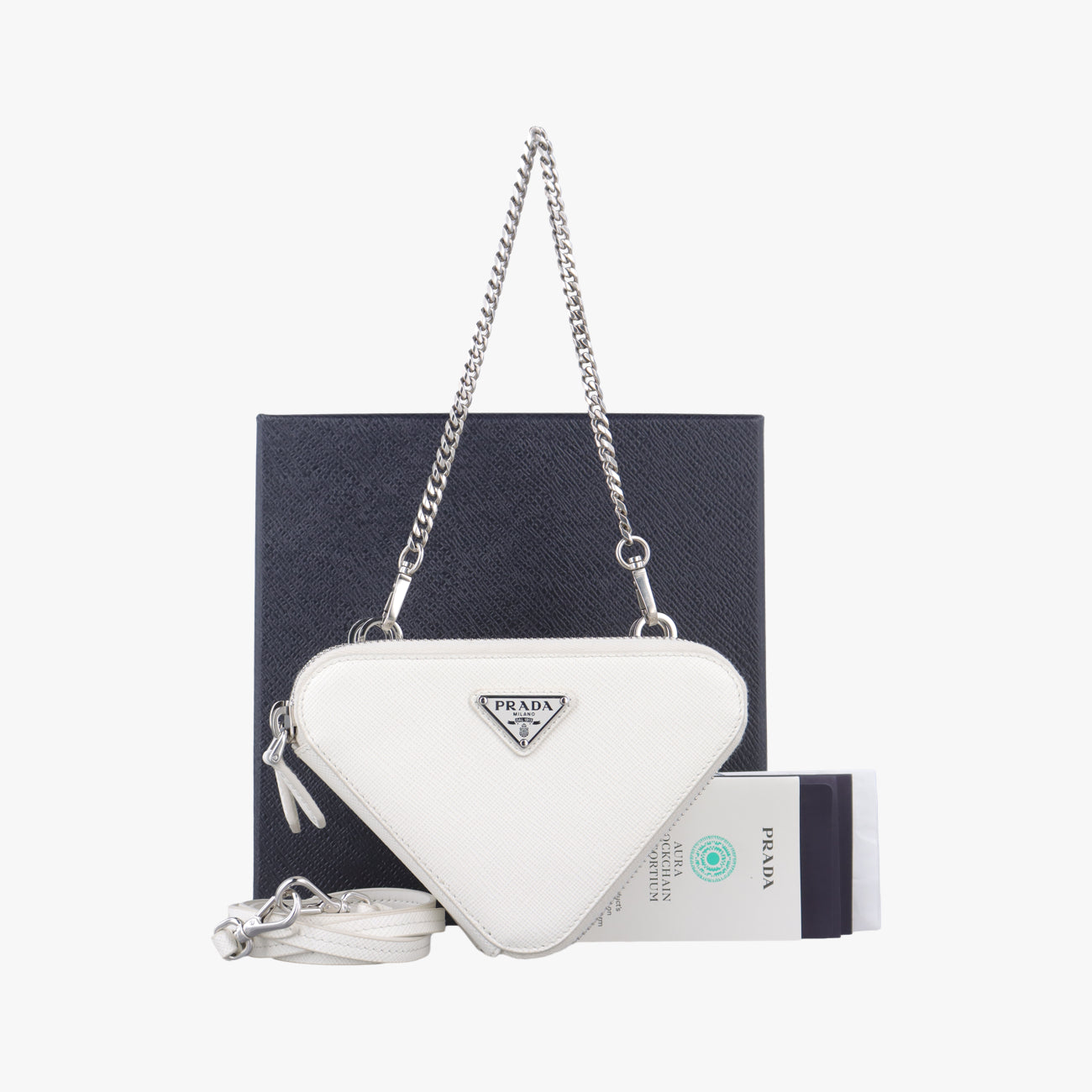 Pre-owned Prada Triangle Logo Plate White SAFFIANO Leather 1NR015 shoulderbag | stylenewstar