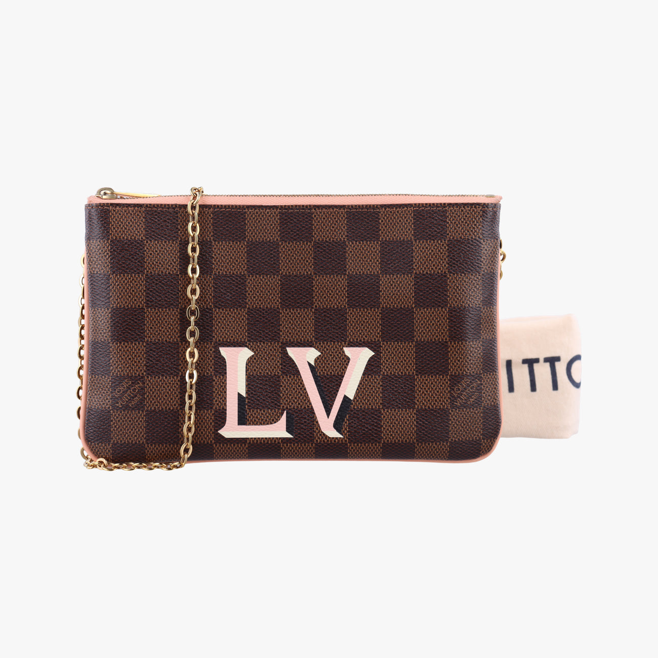 Pre-owned Louis Vuitton Pochette Double Zip EBENE×Rose Ballerine Damier Canvas N60254 shoulderbag | stylenewstar