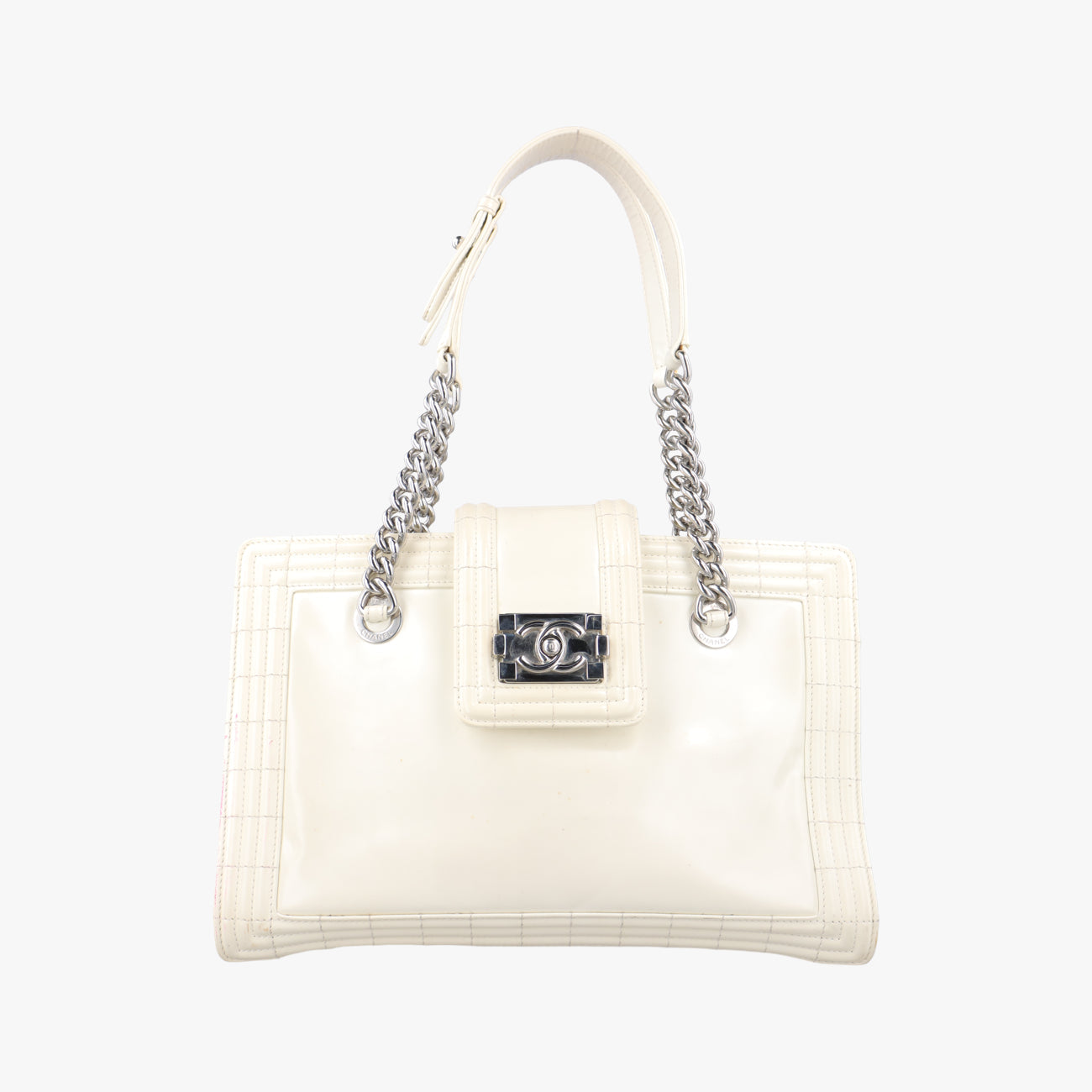 Pre-owned Chanel Jetsetter Boy Shopping Tote White Patent A67020 shoulderbag | stylenewstar