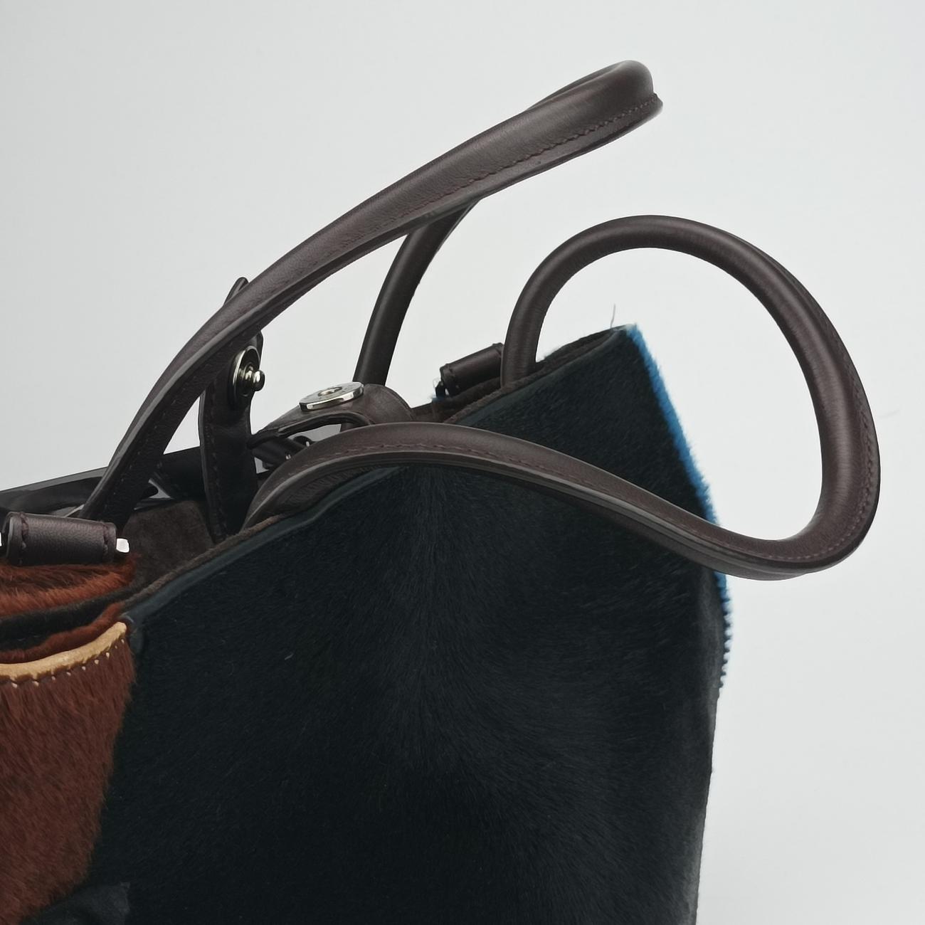 Pre-owned Fendi 2 JOURS Black×Blue×Brown ponyhair 8BH250 shoulderbag | stylenewstar