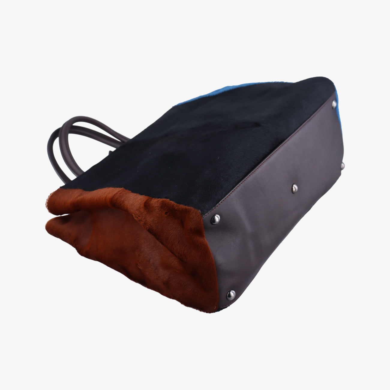 Pre-owned Fendi 2 JOURS Black×Blue×Brown ponyhair 8BH250 shoulderbag | stylenewstar