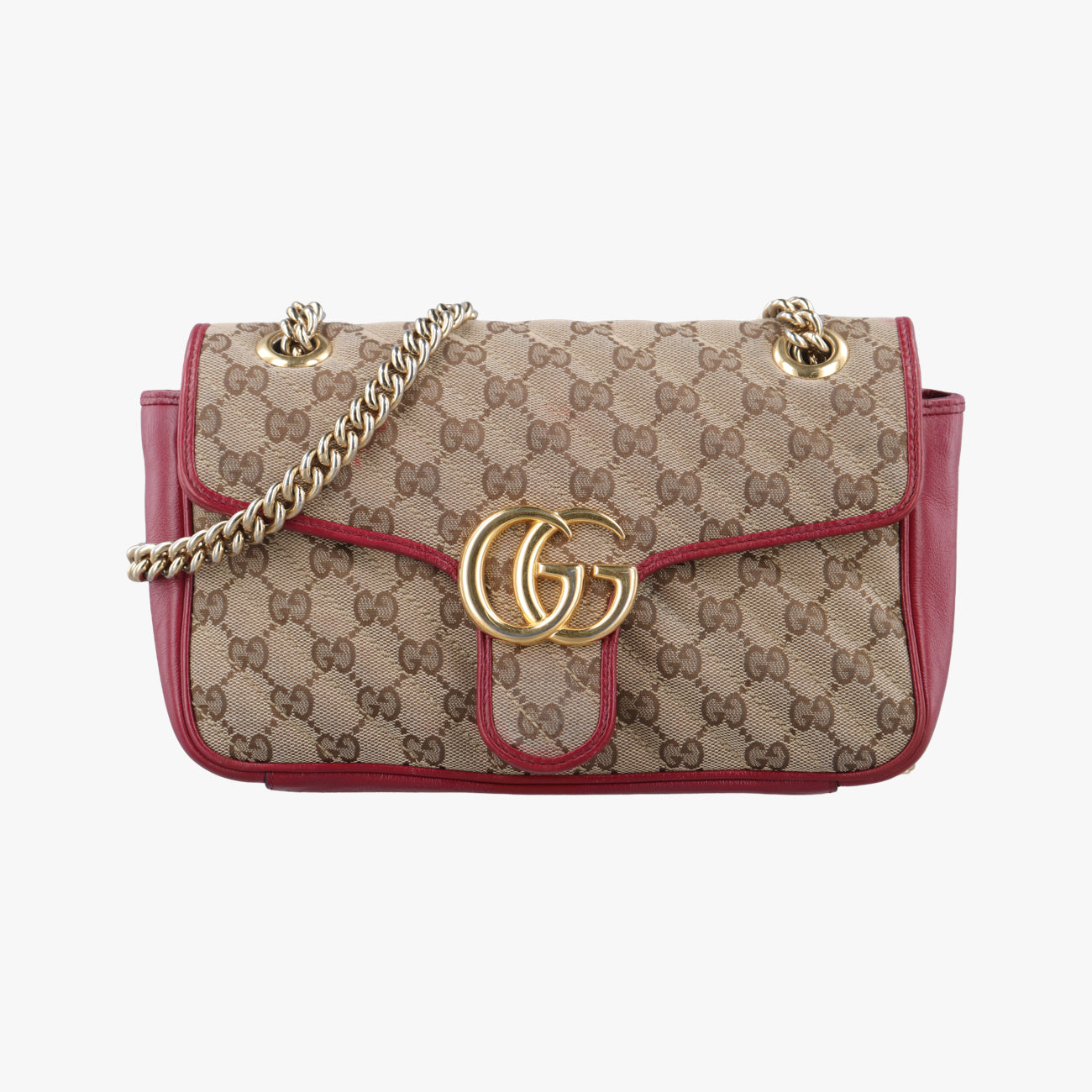 Pre-owned Gucci GG Marmont Beige×red canvas x leather 443497 shoulderbag | stylenewstar