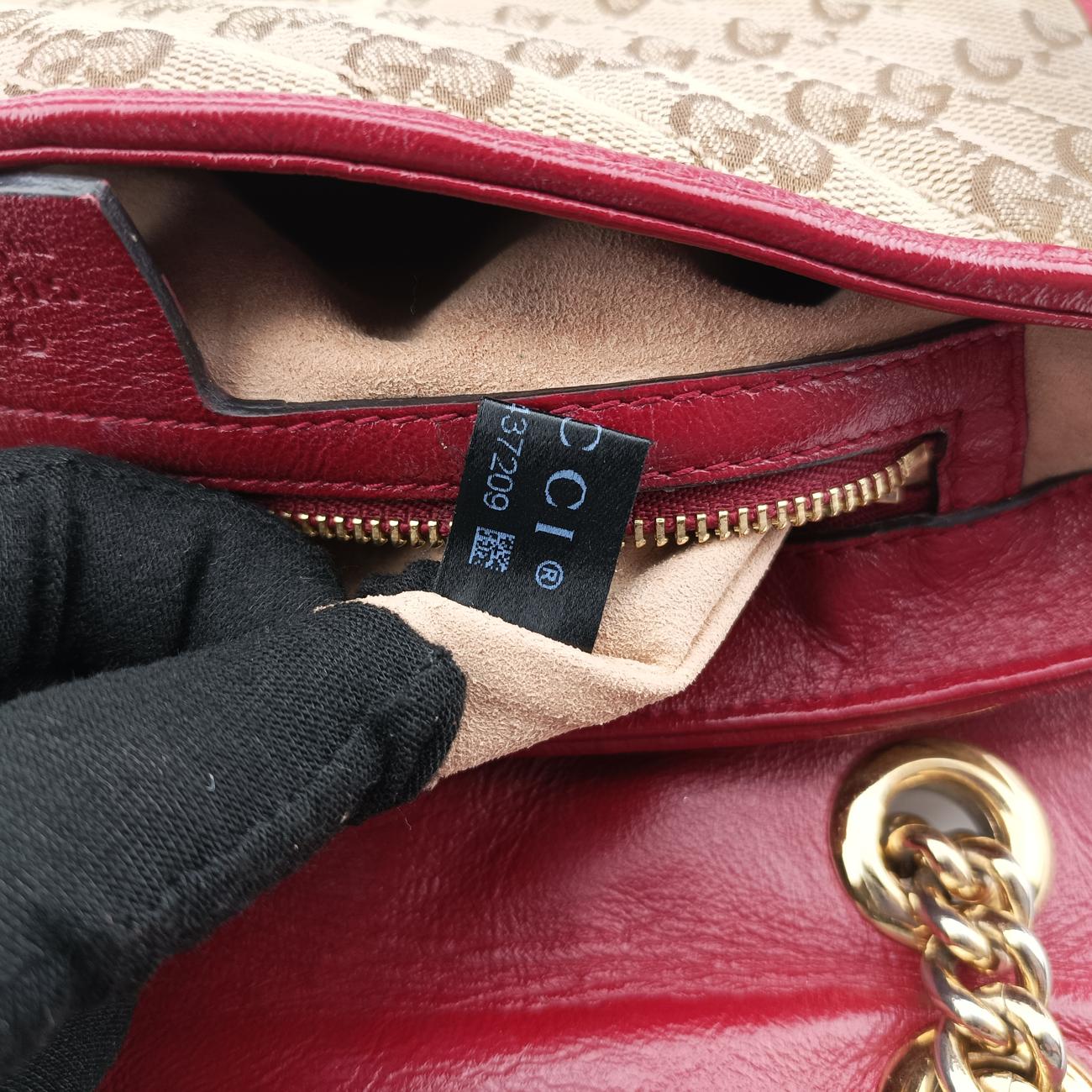 Pre-owned Gucci GG Marmont Beige×red canvas x leather 443497 shoulderbag | stylenewstar