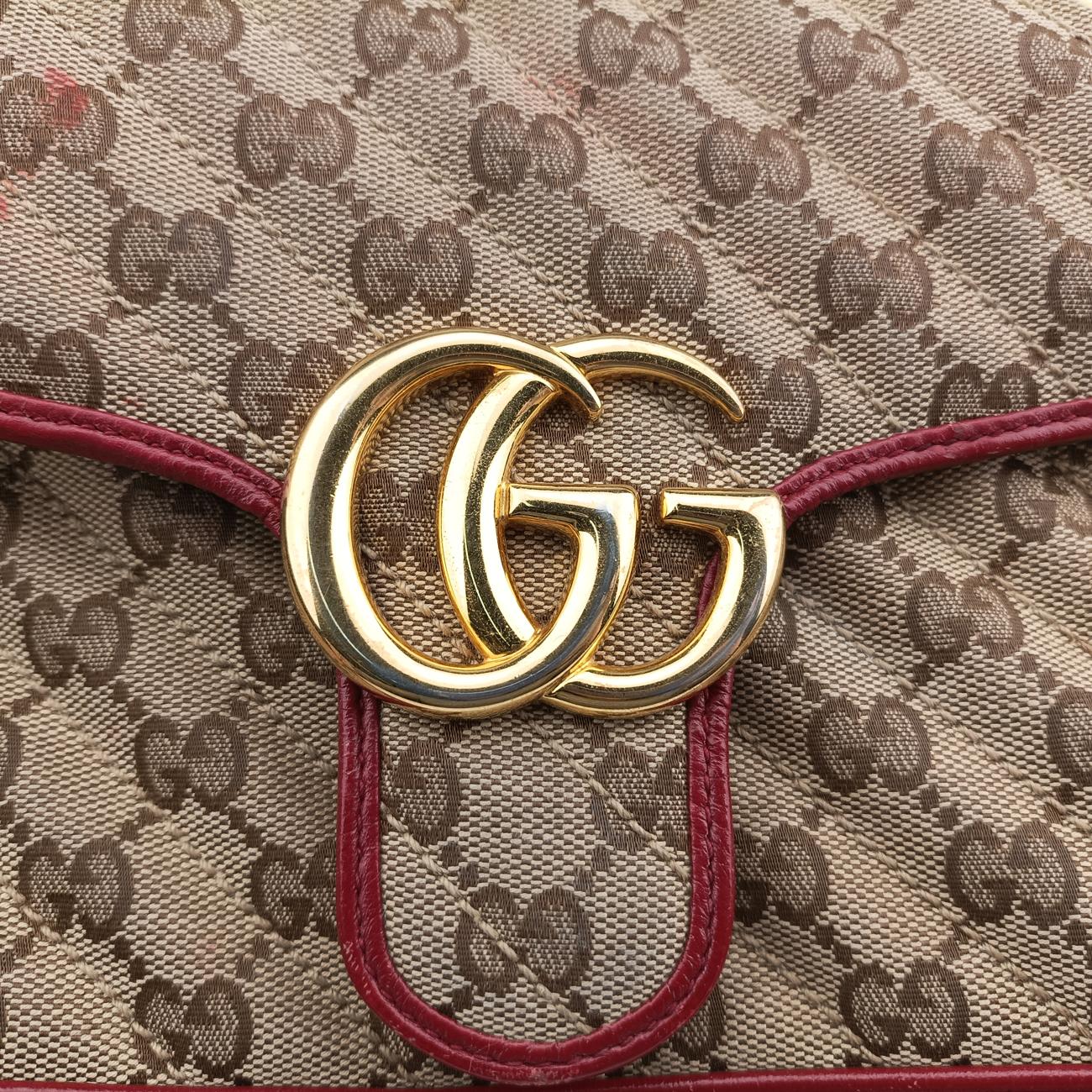 Pre-owned Gucci GG Marmont Beige×red canvas x leather 443497 shoulderbag | stylenewstar