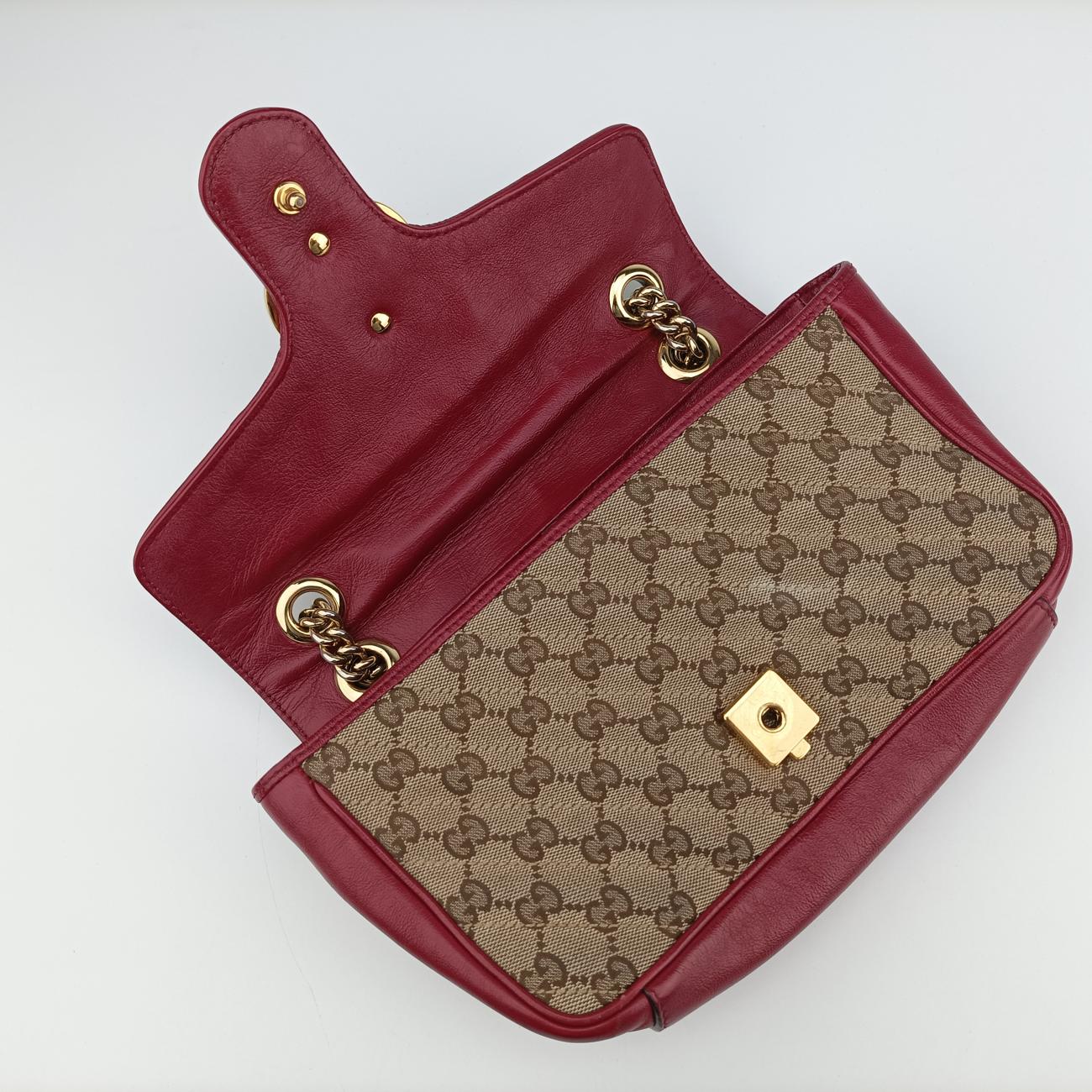 Pre-owned Gucci GG Marmont Beige×red canvas x leather 443497 shoulderbag | stylenewstar