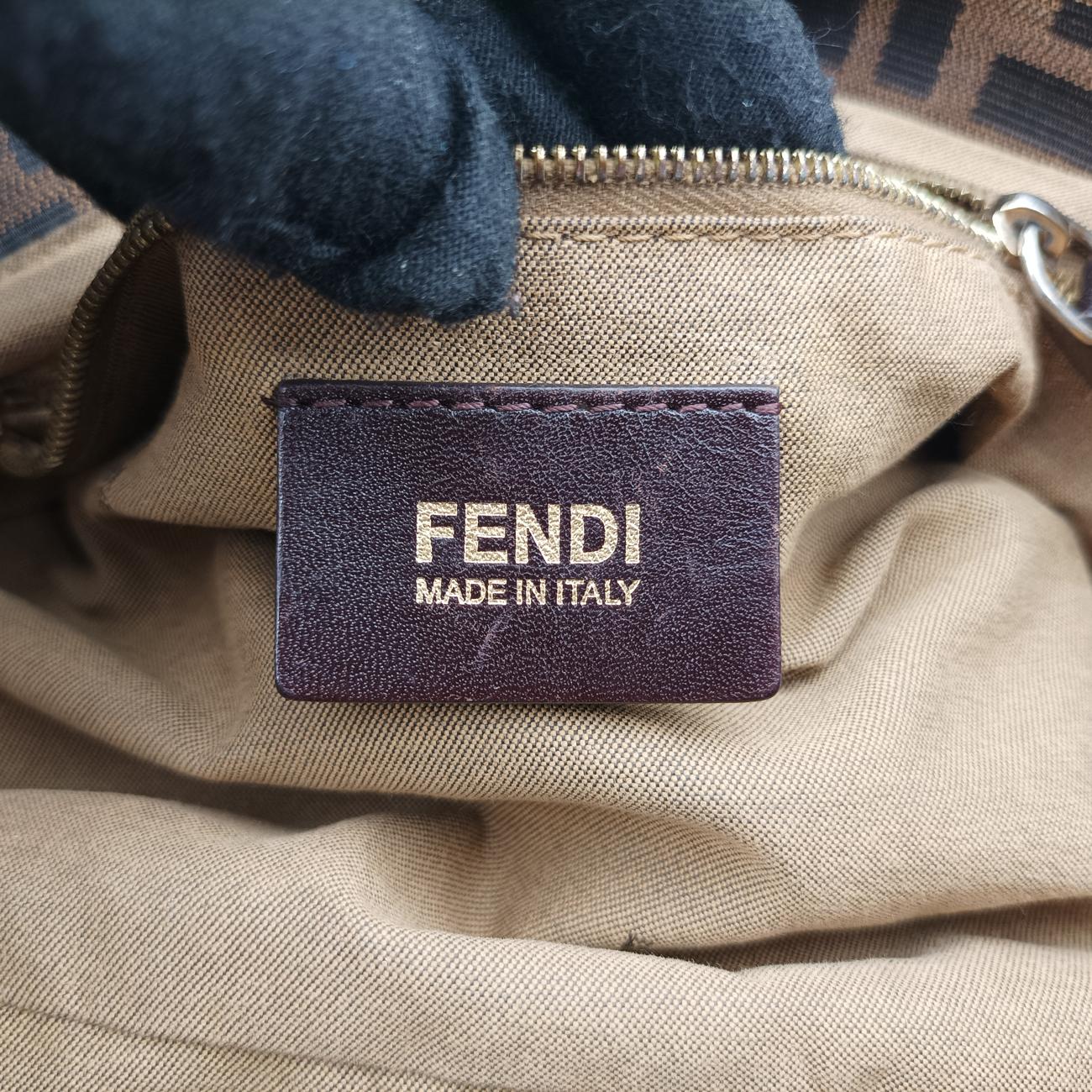 Pre-owned Fendi Chef Perforated Charm Zucca Print Brown PVC coated canvas 8BR436 shoulderbag | stylenewstar