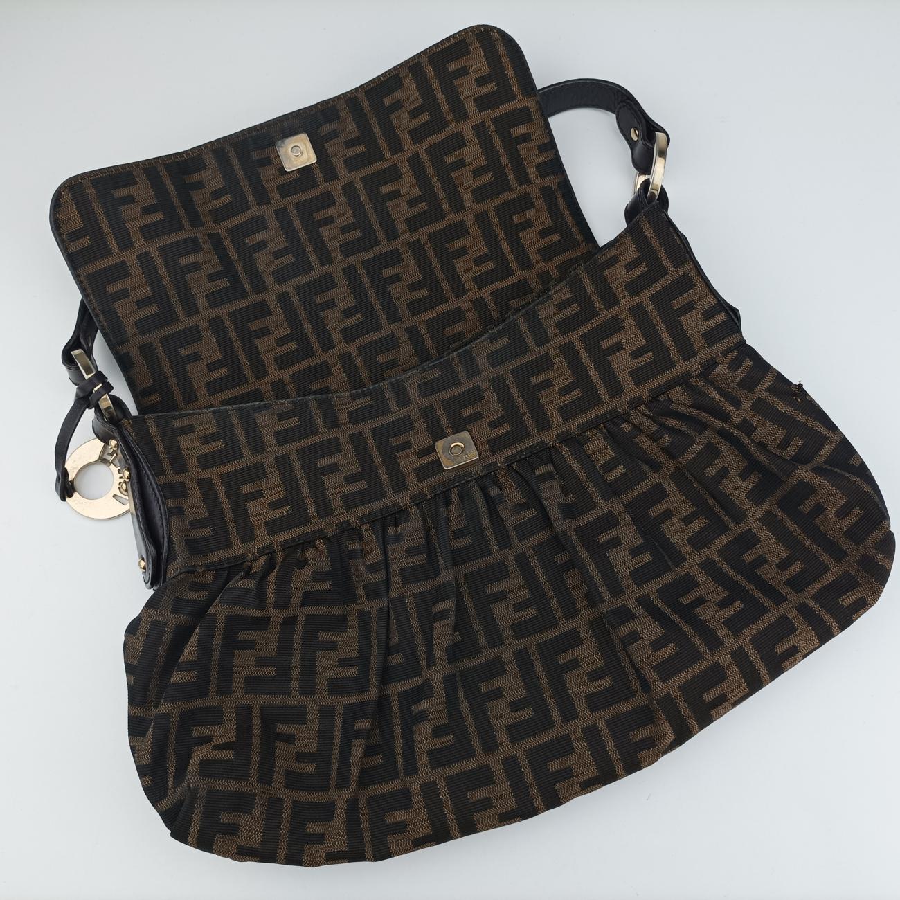Pre-owned Fendi Chef Perforated Charm Zucca Print Brown PVC coated canvas 8BR436 shoulderbag | stylenewstar