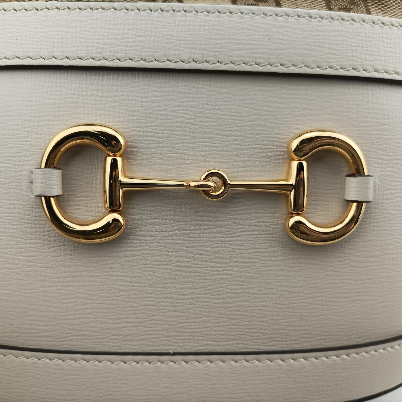 Pre-owned Gucci Horsebit 1955 Beige x Ivory Leather x canvas 602118 shoulderbag | stylenewstar