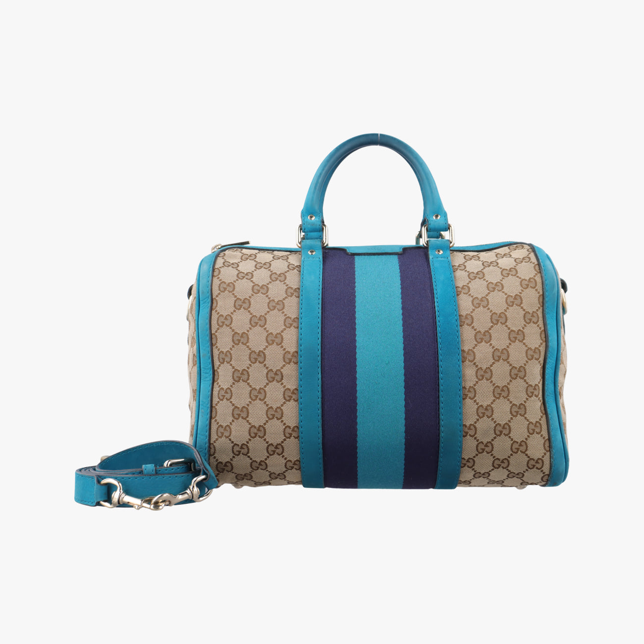 Pre-owned Gucci Sherry Line Beige x Blue x Navy PVC coated canvas 247205 shoulderbag | stylenewstar