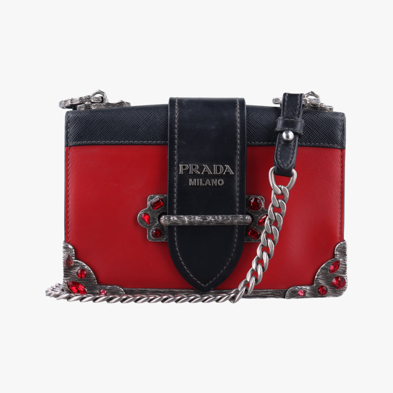 Pre-owned Prada Cahier Red×Black Leather 1BH018 shoulderbag | stylenewstar