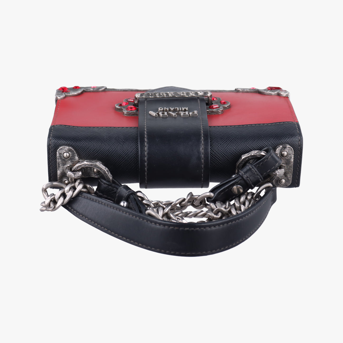 Pre-owned Prada Cahier Red×Black Leather 1BH018 shoulderbag | stylenewstar