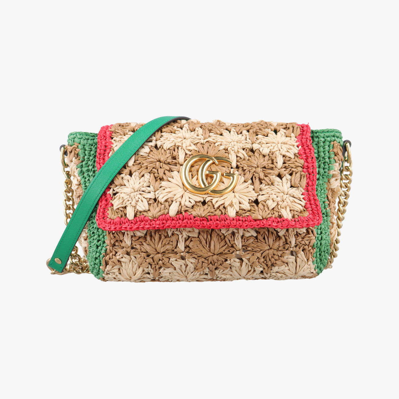Pre-owned Gucci GG Marmont Beige×Multicolour straw 574433 shoulderbag | stylenewstar