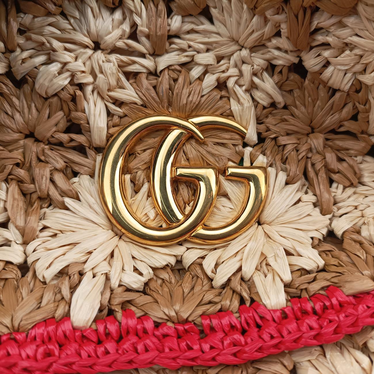 Pre-owned Gucci GG Marmont Beige×Multicolour straw 574433 shoulderbag | stylenewstar