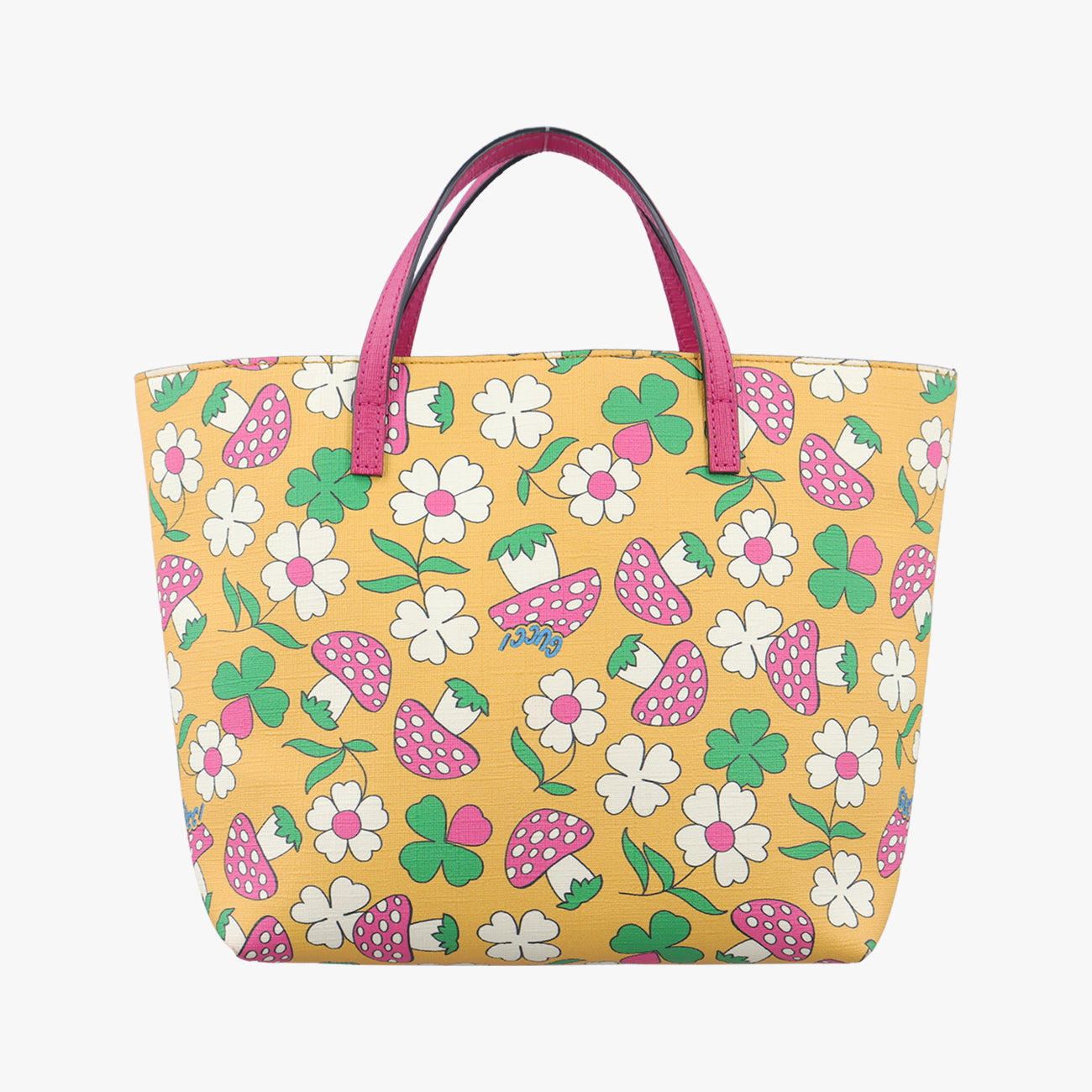 Pre-owned Gucci Floral and mushroom print Yellow×Multicolour PVC coated canvas 410812 handbag | stylenewstar