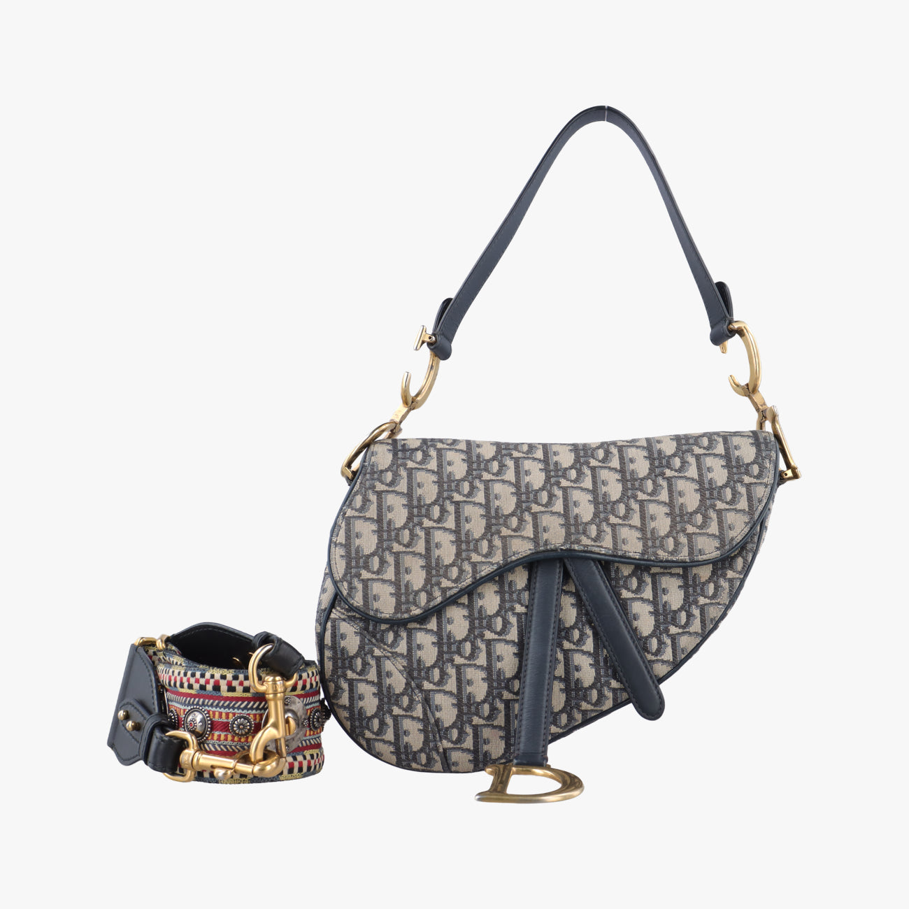 Secondhand Christian Dior Saddle Navy×Gray Jacquard  shoulderbag | stylenewstar