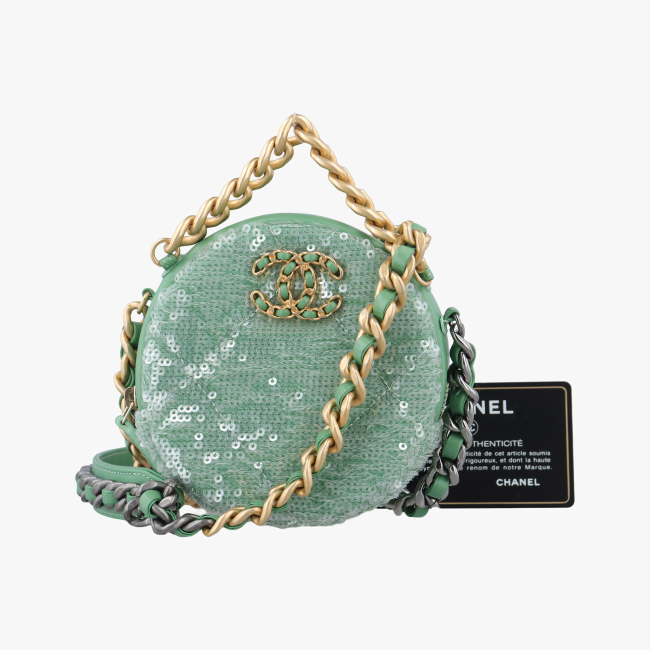 Pre-owned Chanel CHANEL 19 Round Green Sequins×Leather AP0945 shoulderbag | stylenewstar