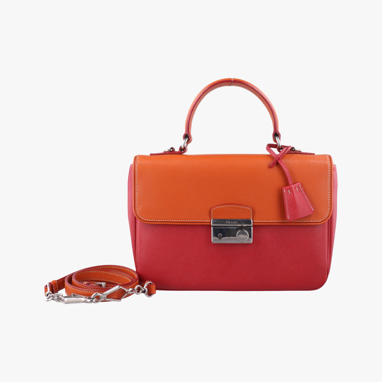 Pre-owned Prada Small Sound Flap Orange×Red SAFFIANO Leather BN2485 shoulderbag | stylenewstar