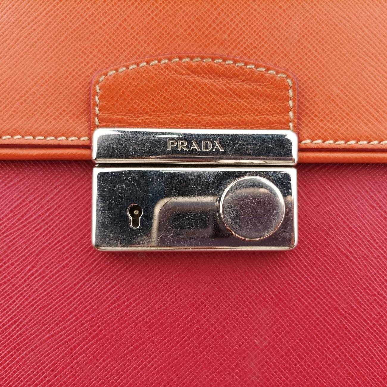Pre-owned Prada Small Sound Flap Orange×Red SAFFIANO Leather BN2485 shoulderbag | stylenewstar