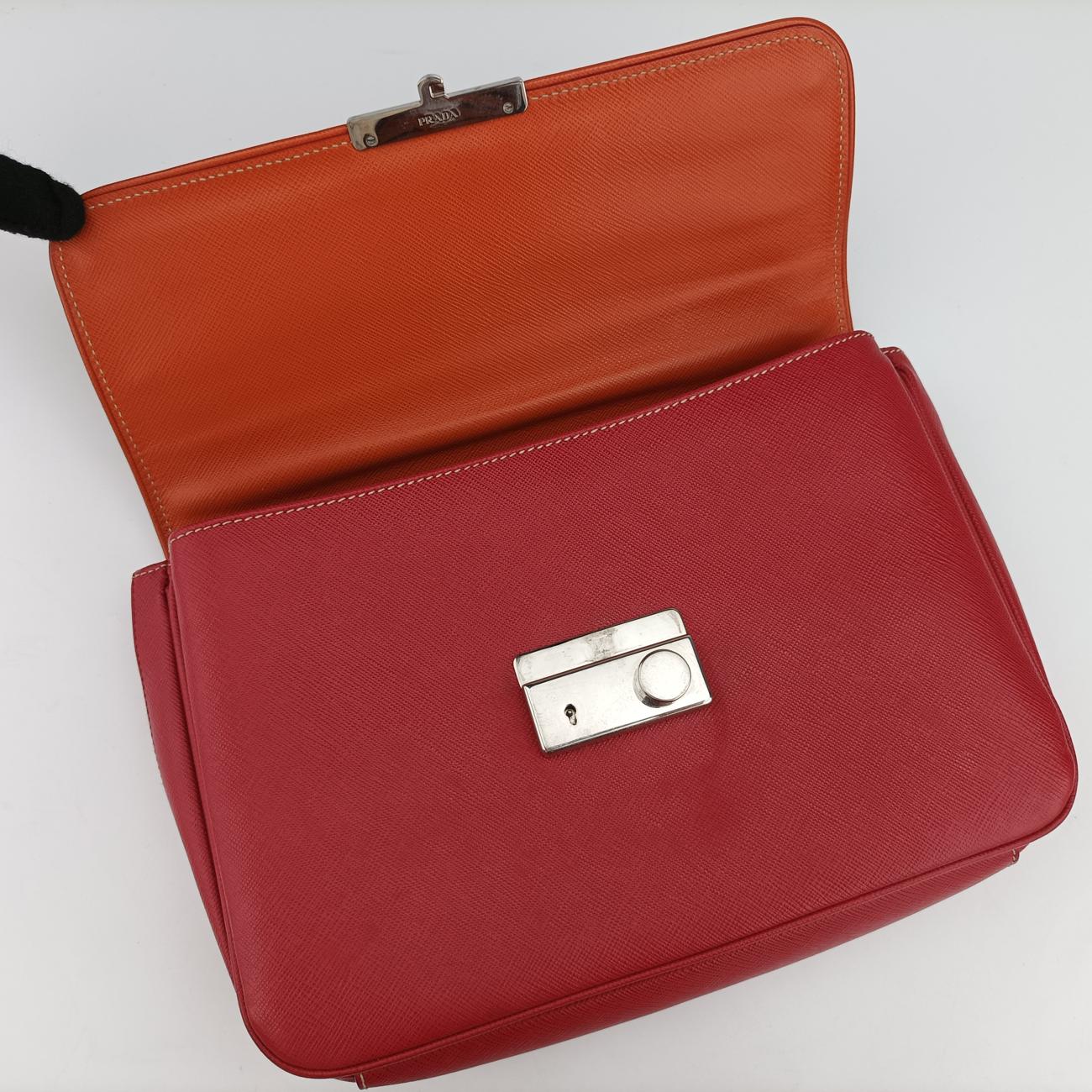 Pre-owned Prada Small Sound Flap Orange×Red SAFFIANO Leather BN2485 shoulderbag | stylenewstar