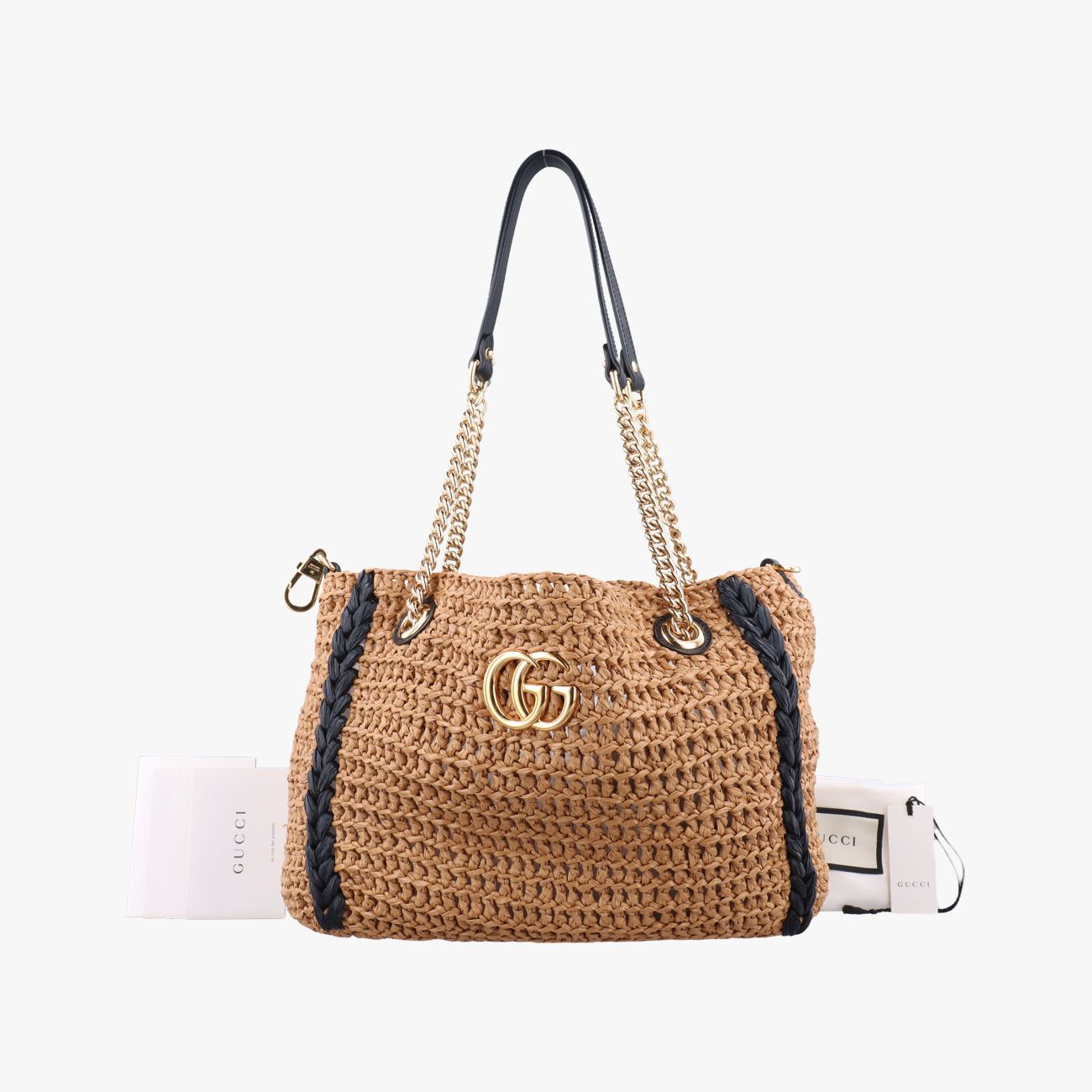 Pre-owned Gucci GG Marmont Yellow×Black straw 574432 shoulderbag | stylenewstar