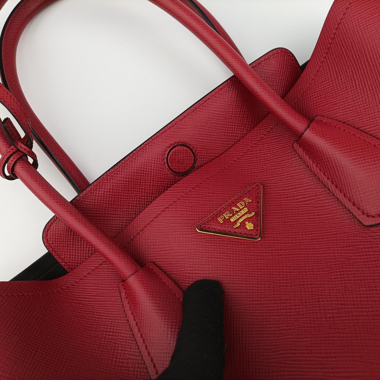 Pre-owned Prada Double Cuir Red SAFFIANO Leather B2756T shoulderbag | stylenewstar