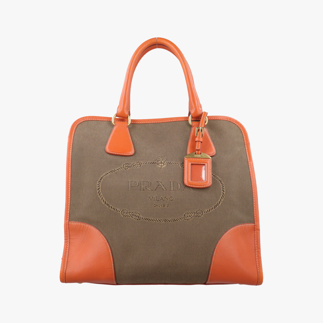 Pre-owned Prada logo jacquard Orange×beige Fabric × SAFFIANO Leather  handbag | stylenewstar