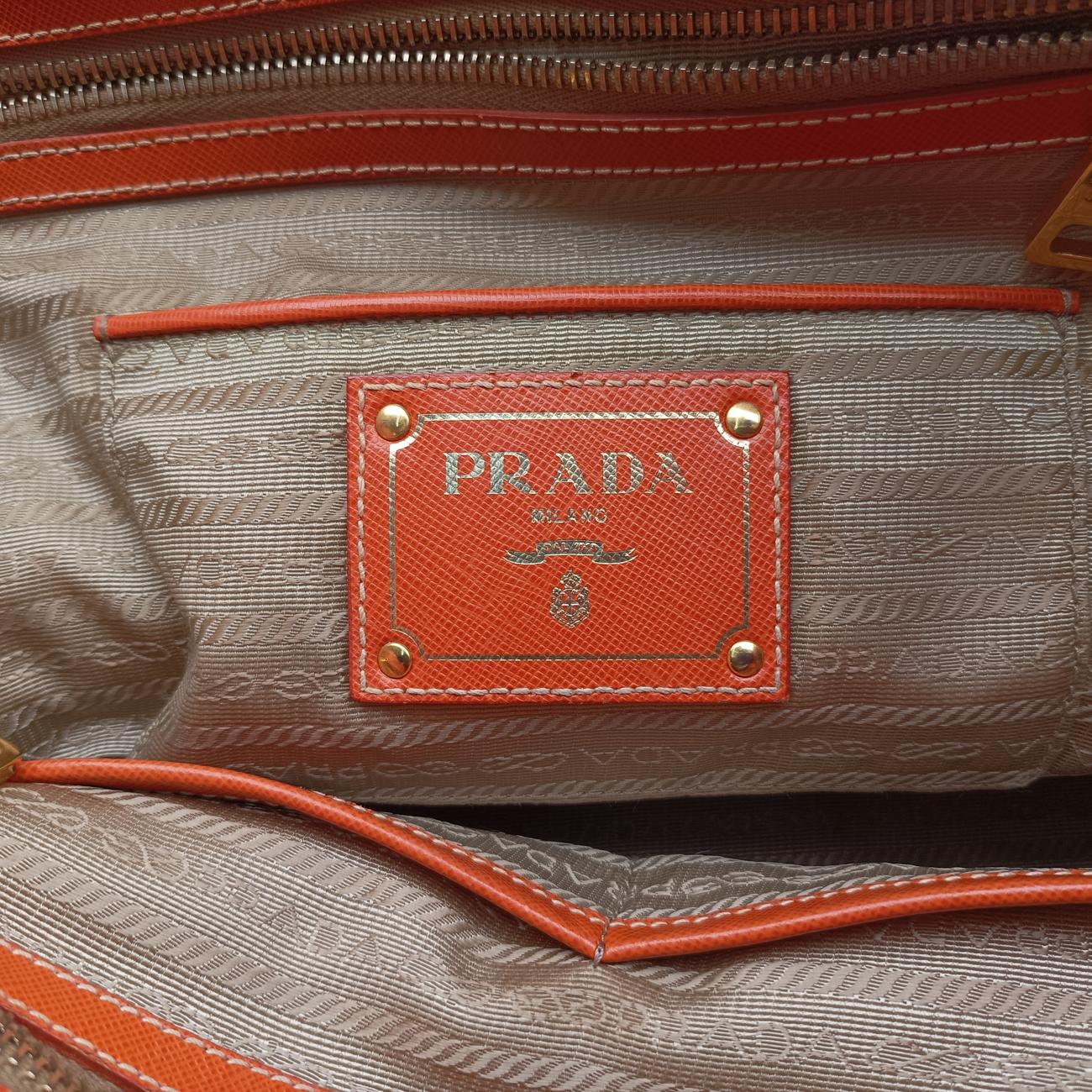 Pre-owned Prada logo jacquard Orange×beige Fabric × SAFFIANO Leather  handbag | stylenewstar