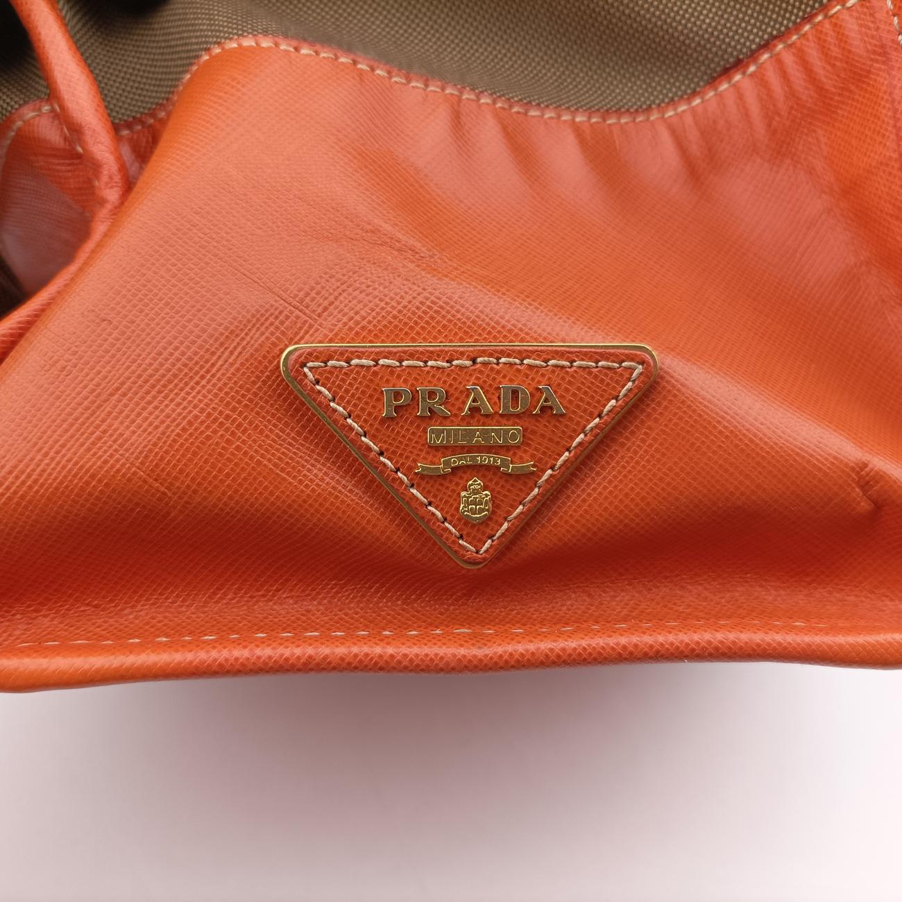 Pre-owned Prada logo jacquard Orange×beige Fabric × SAFFIANO Leather  handbag | stylenewstar