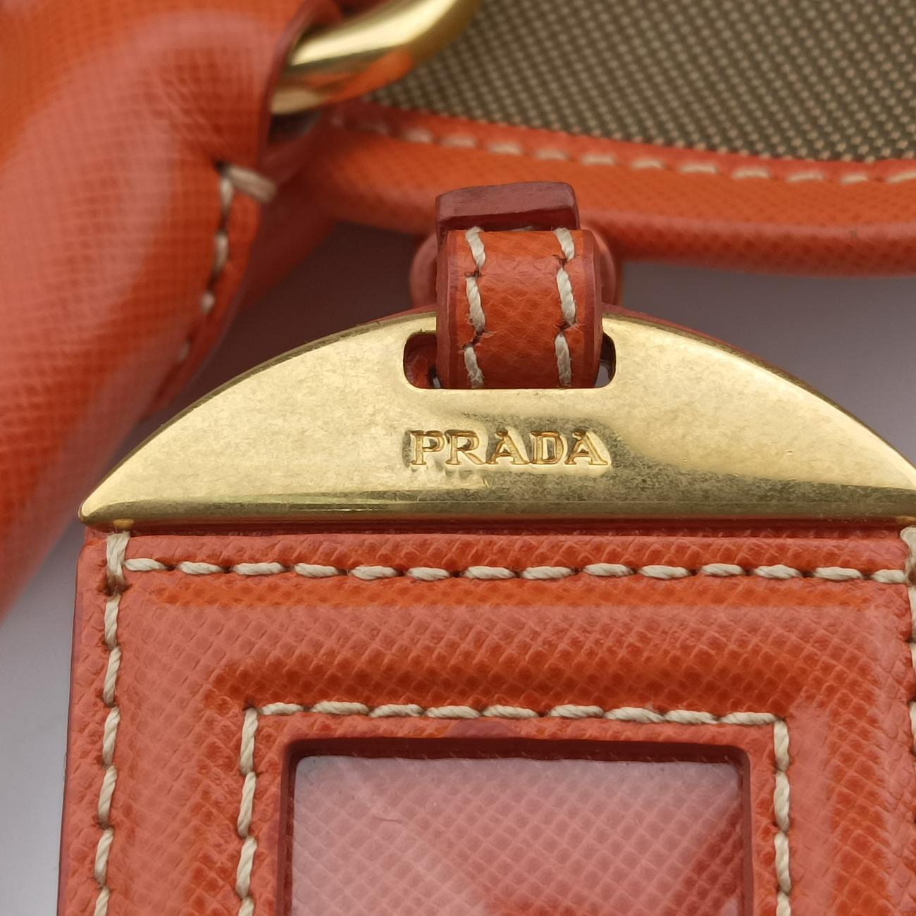 Pre-owned Prada logo jacquard Orange×beige Fabric × SAFFIANO Leather  handbag | stylenewstar
