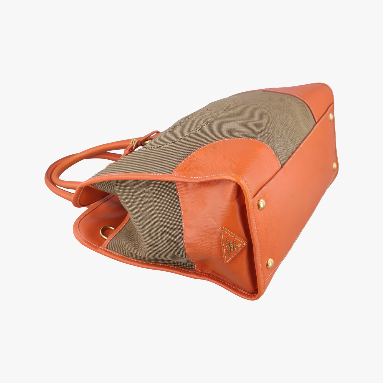Pre-owned Prada logo jacquard Orange×beige Fabric × SAFFIANO Leather  handbag | stylenewstar