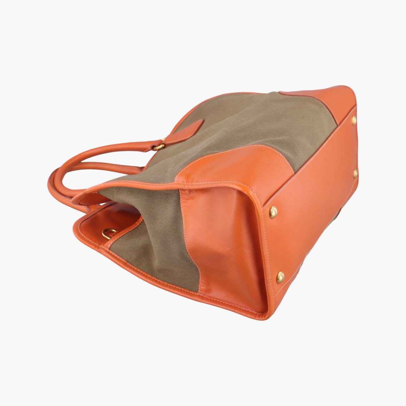 Pre-owned Prada logo jacquard Orange×beige Fabric × SAFFIANO Leather  handbag | stylenewstar