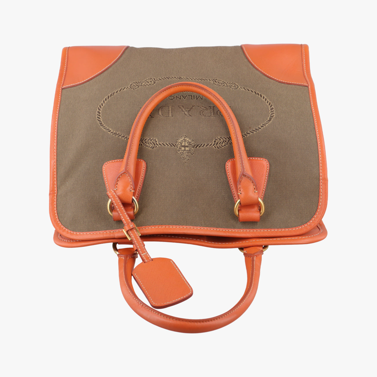 Pre-owned Prada logo jacquard Orange×beige Fabric × SAFFIANO Leather  handbag | stylenewstar