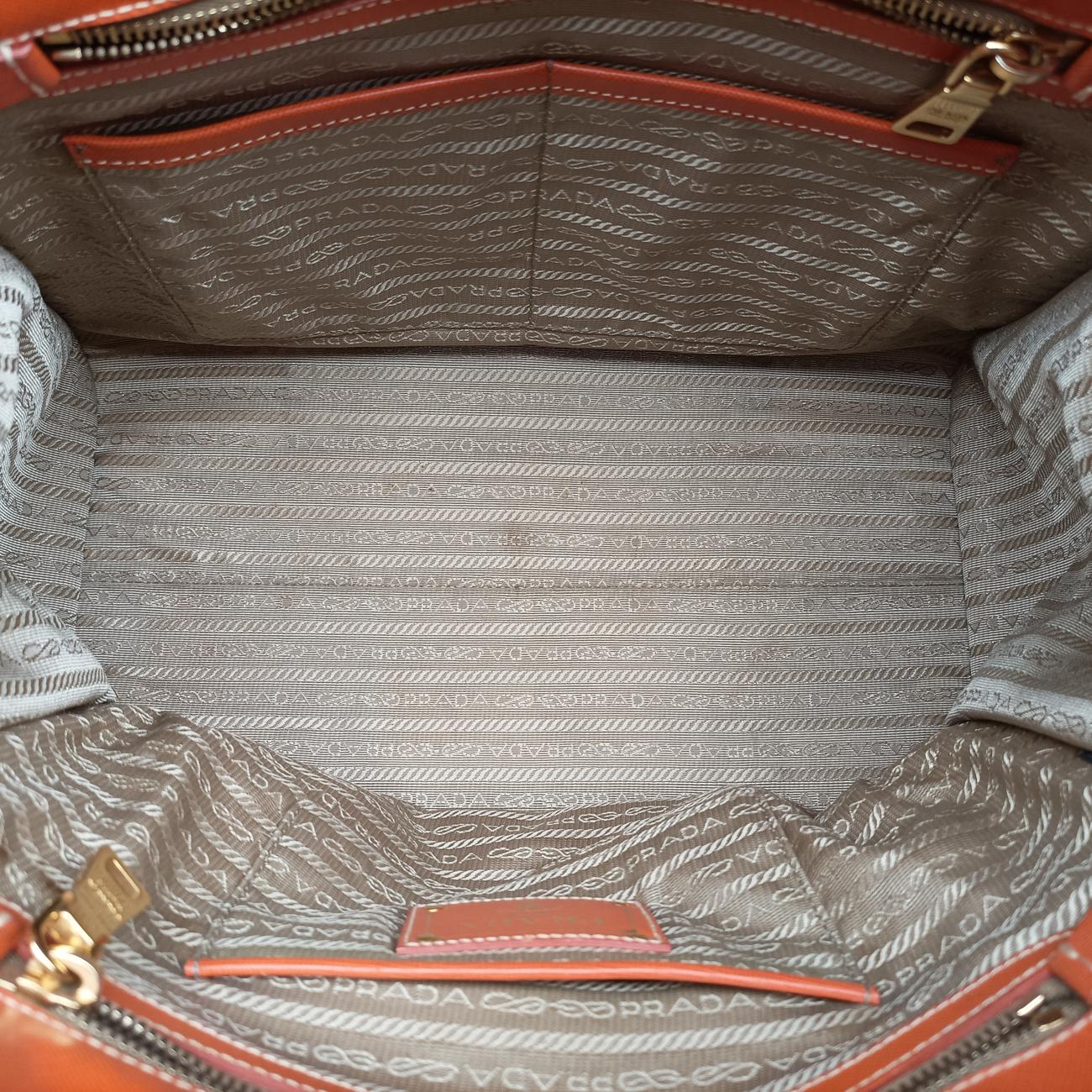 Pre-owned Prada logo jacquard Orange×beige Fabric × SAFFIANO Leather  handbag | stylenewstar