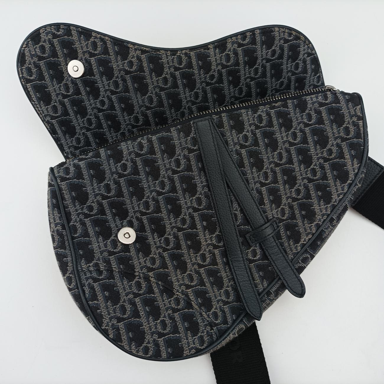 Pre-owned Christian Dior Saddlebags Gray x Navy Jacquard  shoulderbag | stylenewstar