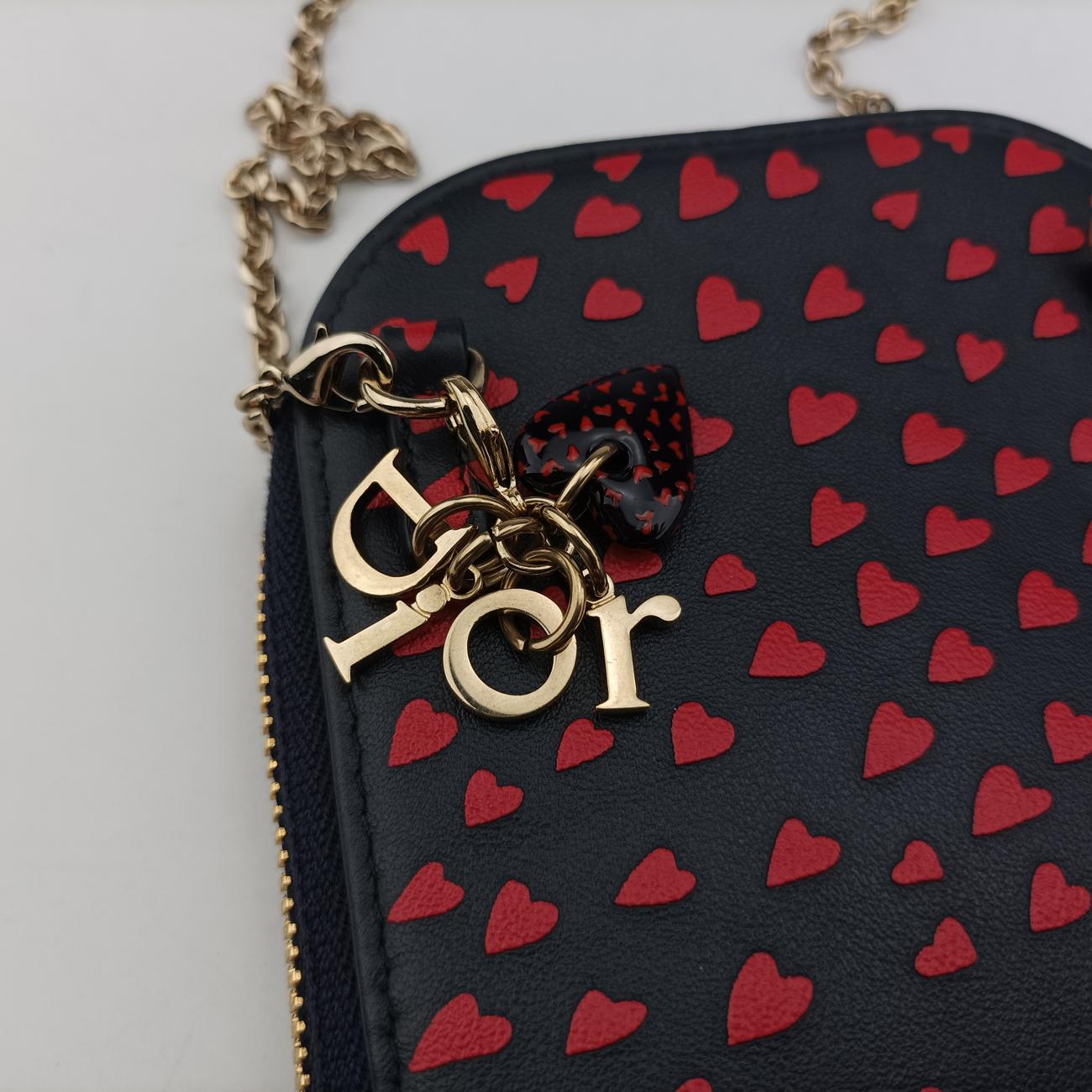 Pre-owned Christian Dior Phone Holder Heart Navy×Red Leather  shoulderbag | stylenewstar