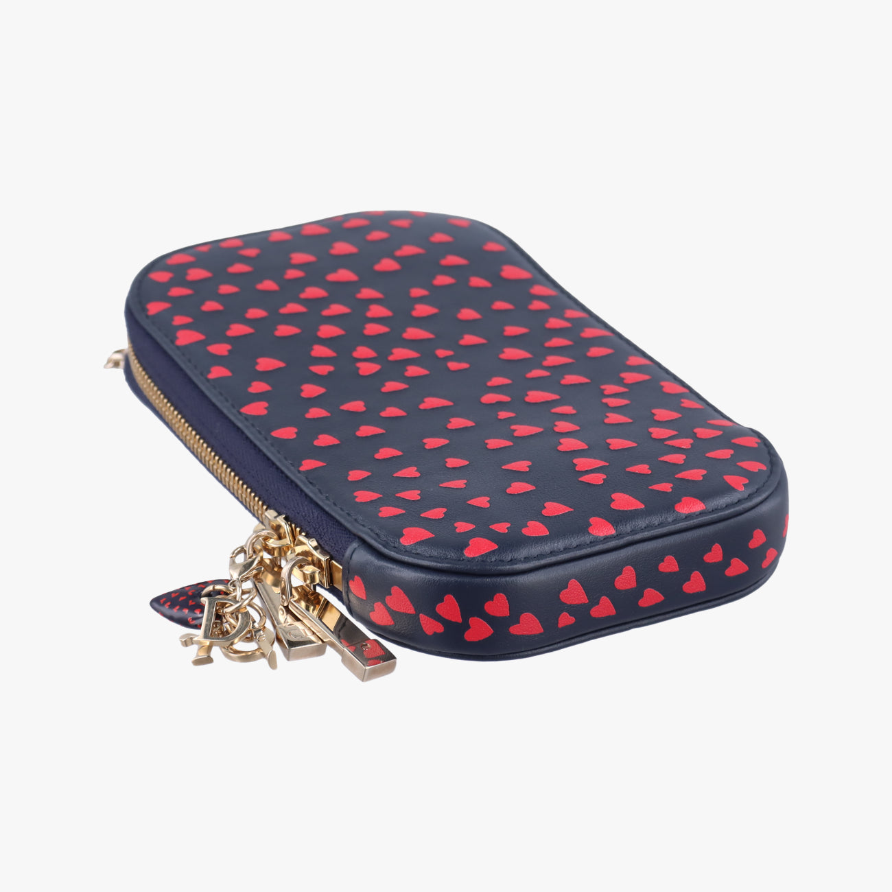Pre-owned Christian Dior Phone Holder Heart Navy×Red Leather  shoulderbag | stylenewstar