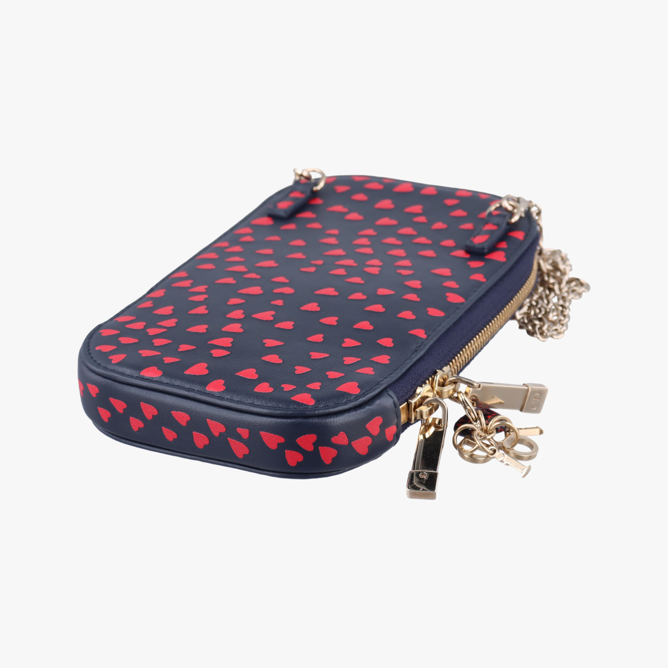 Pre-owned Christian Dior Phone Holder Heart Navy×Red Leather  shoulderbag | stylenewstar