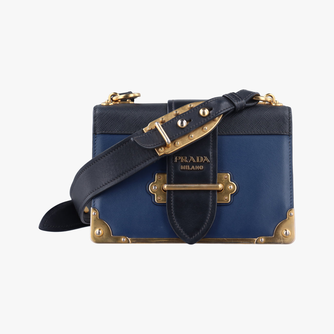 Pre-owned Prada Cahier Blue×Black Leather 1BD045 shoulderbag | stylenewstar