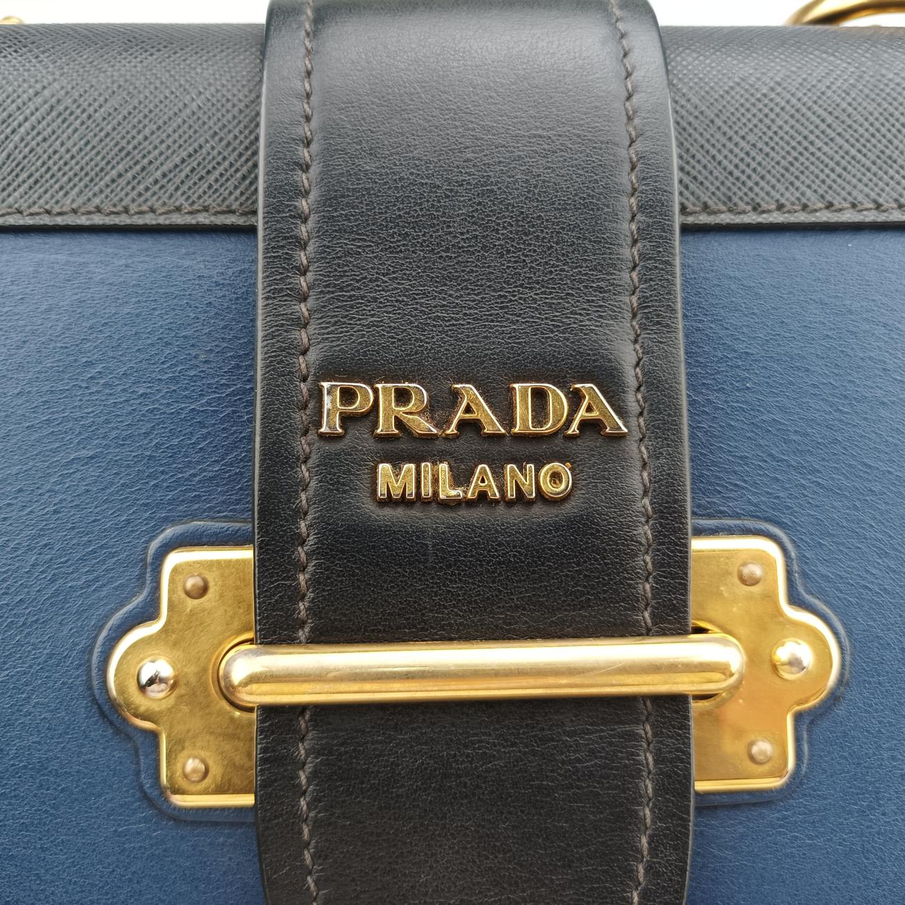 Pre-owned Prada Cahier Blue×Black Leather 1BD045 shoulderbag | stylenewstar