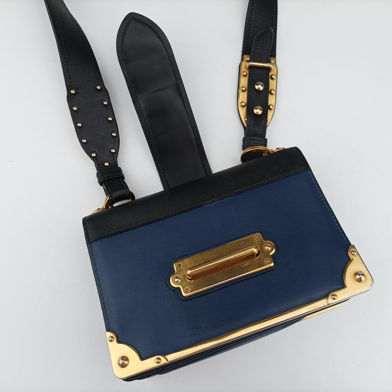 Pre-owned Prada Cahier Blue×Black Leather 1BD045 shoulderbag | stylenewstar