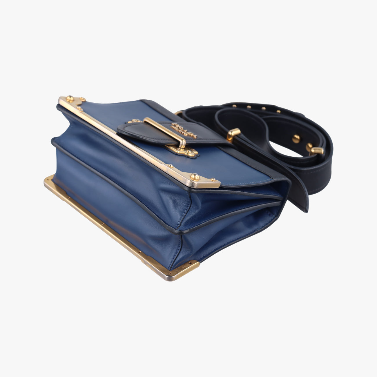 Pre-owned Prada Cahier Blue×Black Leather 1BD045 shoulderbag | stylenewstar