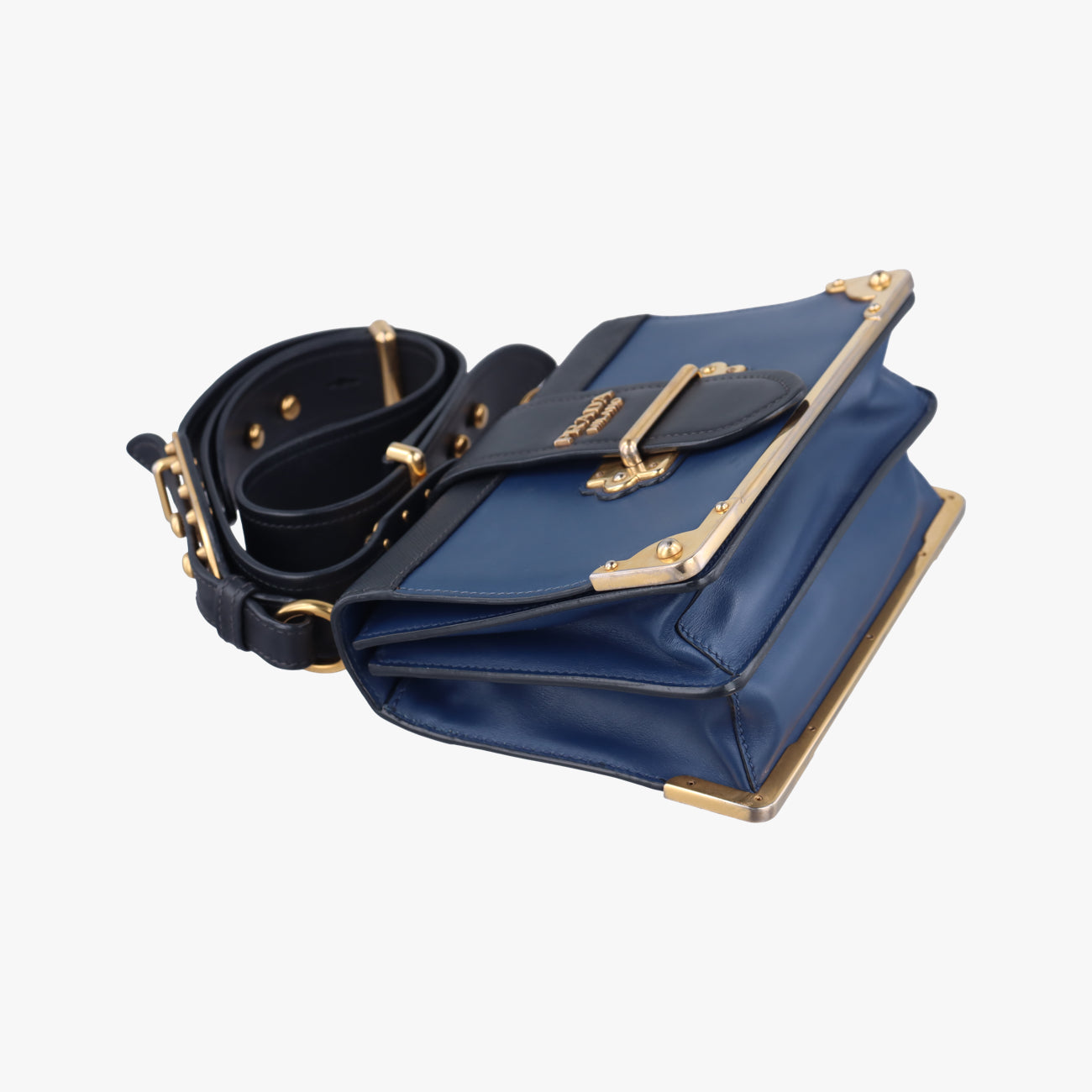 Pre-owned Prada Cahier Blue×Black Leather 1BD045 shoulderbag | stylenewstar