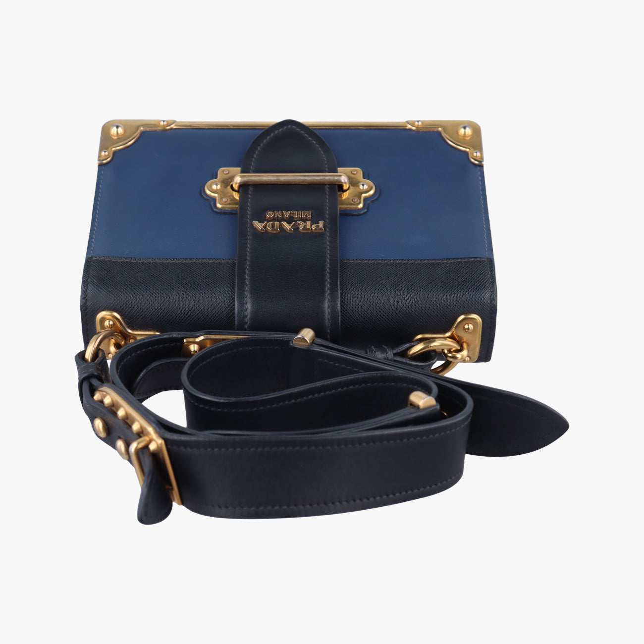 Pre-owned Prada Cahier Blue×Black Leather 1BD045 shoulderbag | stylenewstar