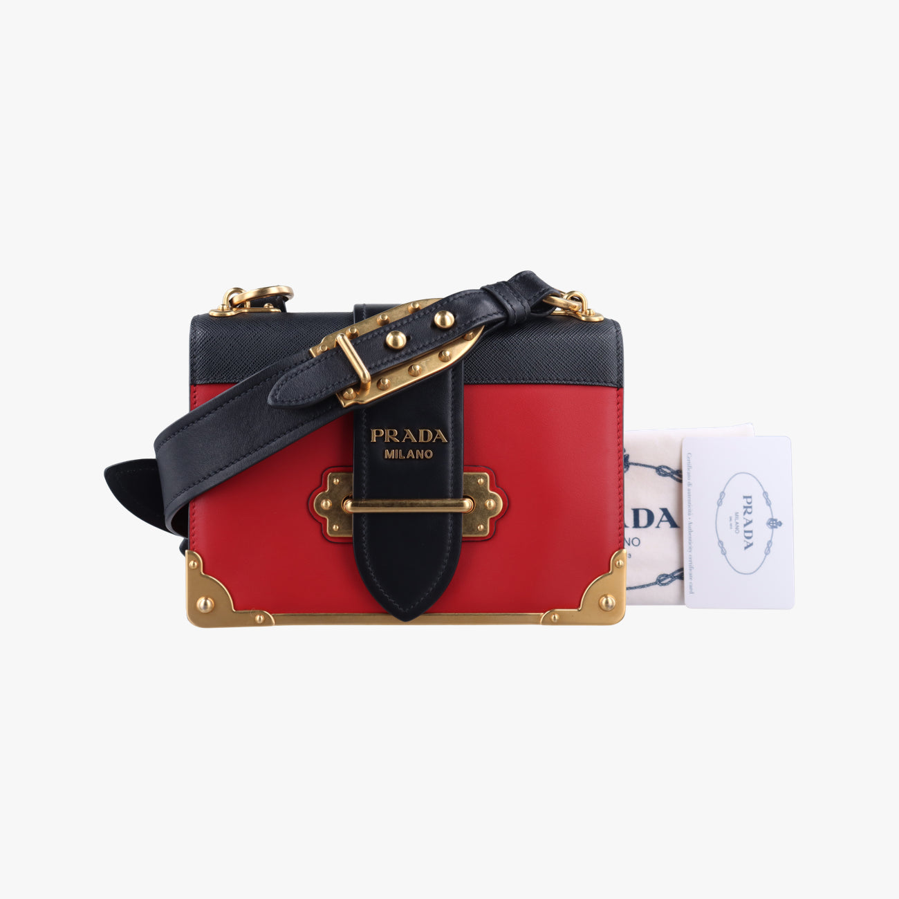 Pre-owned Prada Cahier Red×black Leather 1BD045 shoulderbag | stylenewstar