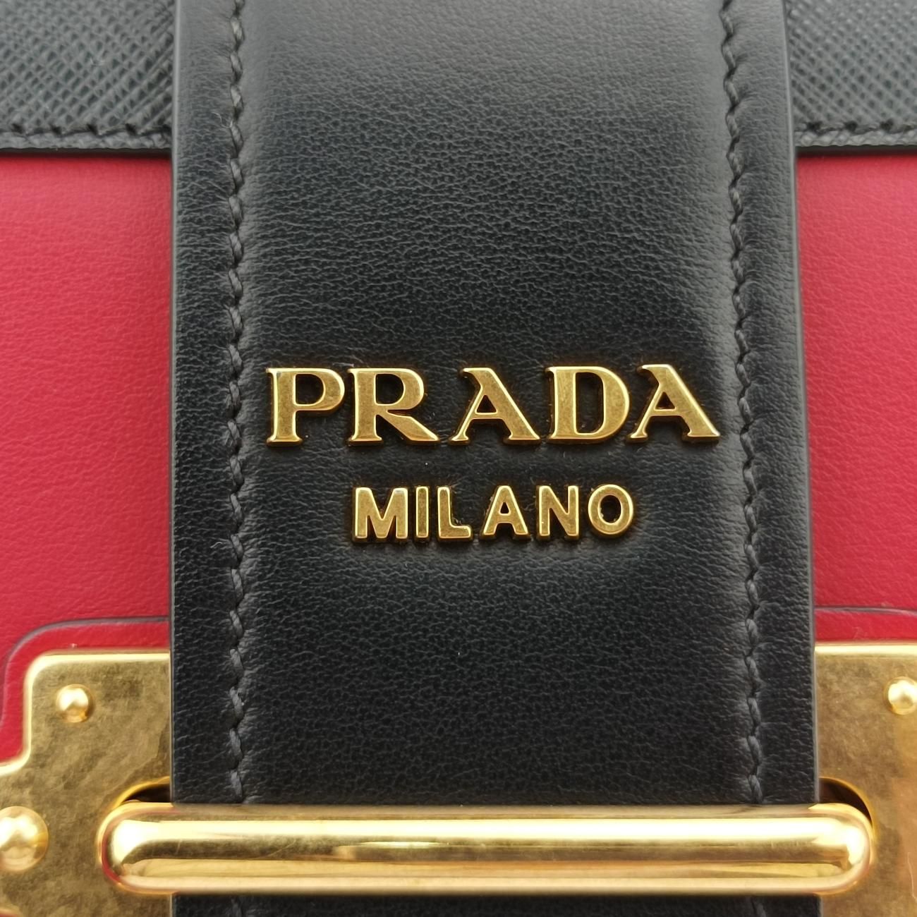 Pre-owned Prada Cahier Red×black Leather 1BD045 shoulderbag | stylenewstar