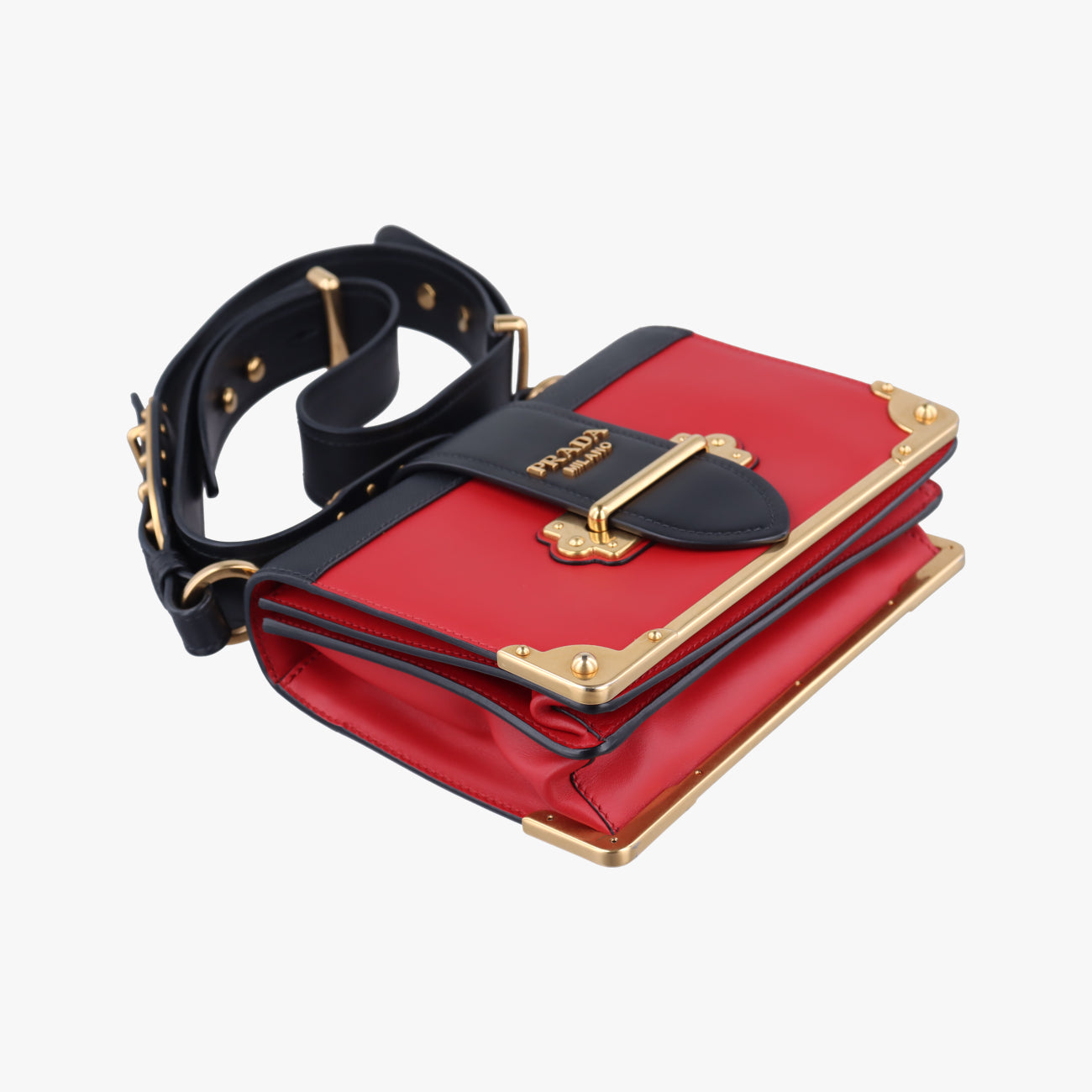 Pre-owned Prada Cahier Red×black Leather 1BD045 shoulderbag | stylenewstar